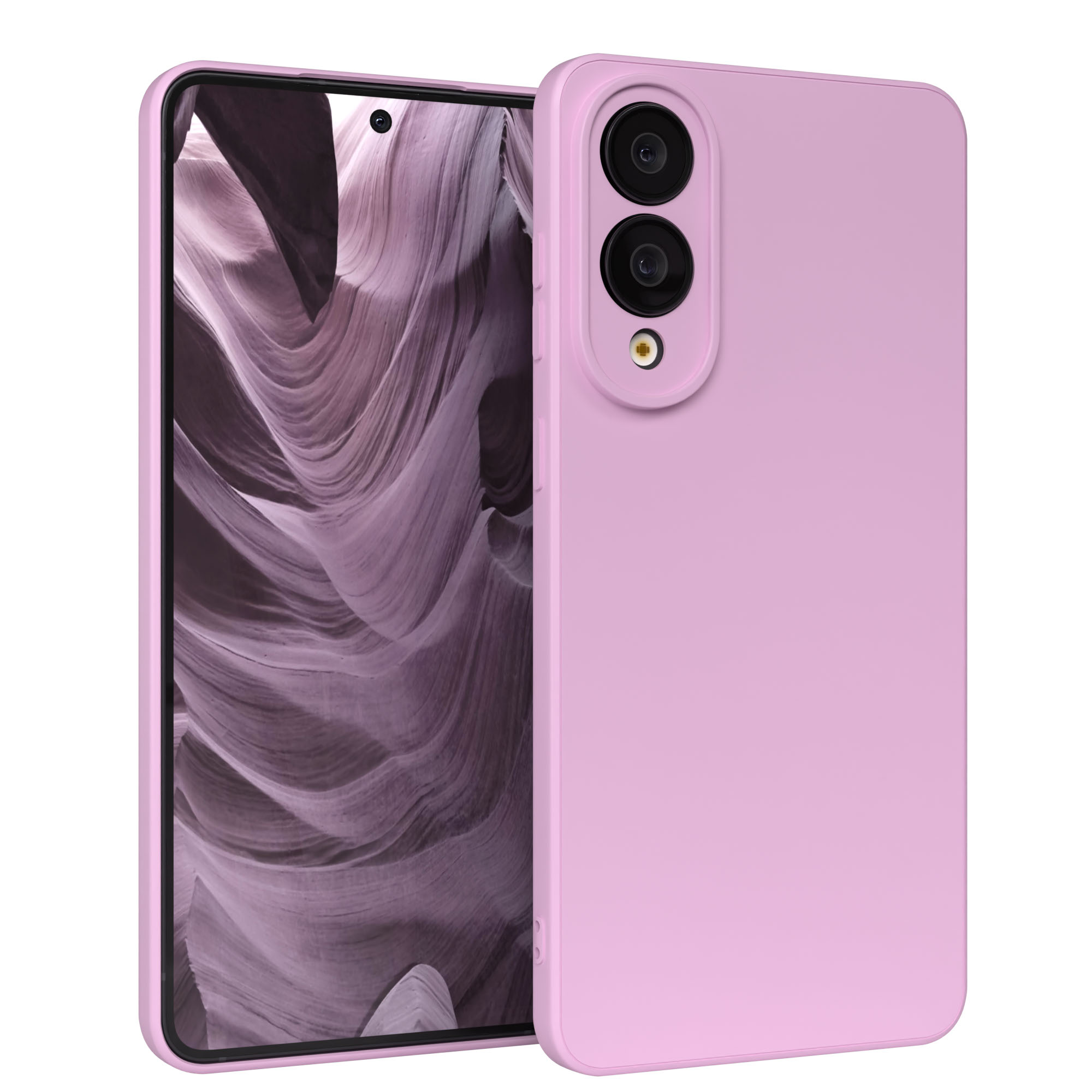 Ein pinkfarbenes Telefon in einer pinkfarbenen Hülle. Der Bildschirm zeigt ein wellenförmiges, violettes Muster. Die Hülle hat Kameraausschnitte.