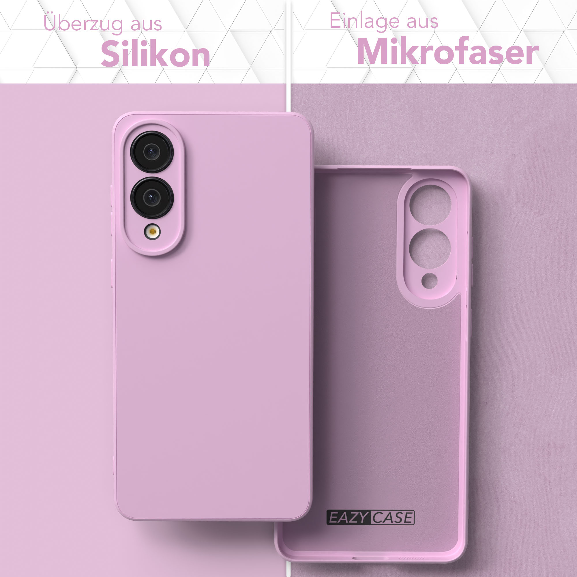 Zwei rosafarbene Handyhüllen. Eine zeigt die Kamera des Telefons. Die andere ist offen, mit Mikrofaser innen. Der Hintergrund ist rosa.