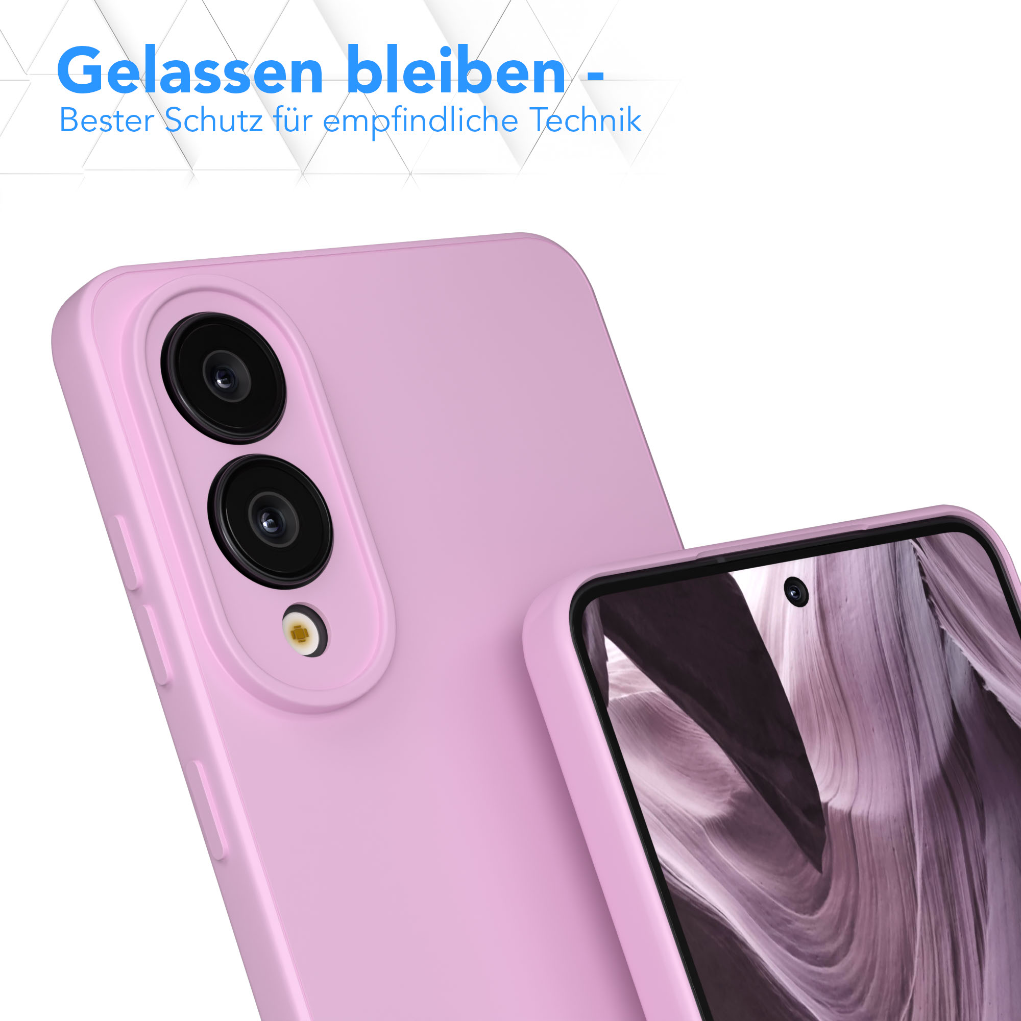 Rosa Handyhülle mit zwei Kameralinsen. Ein weiteres Handy mit ähnlicher Hülle ist teilweise sichtbar.