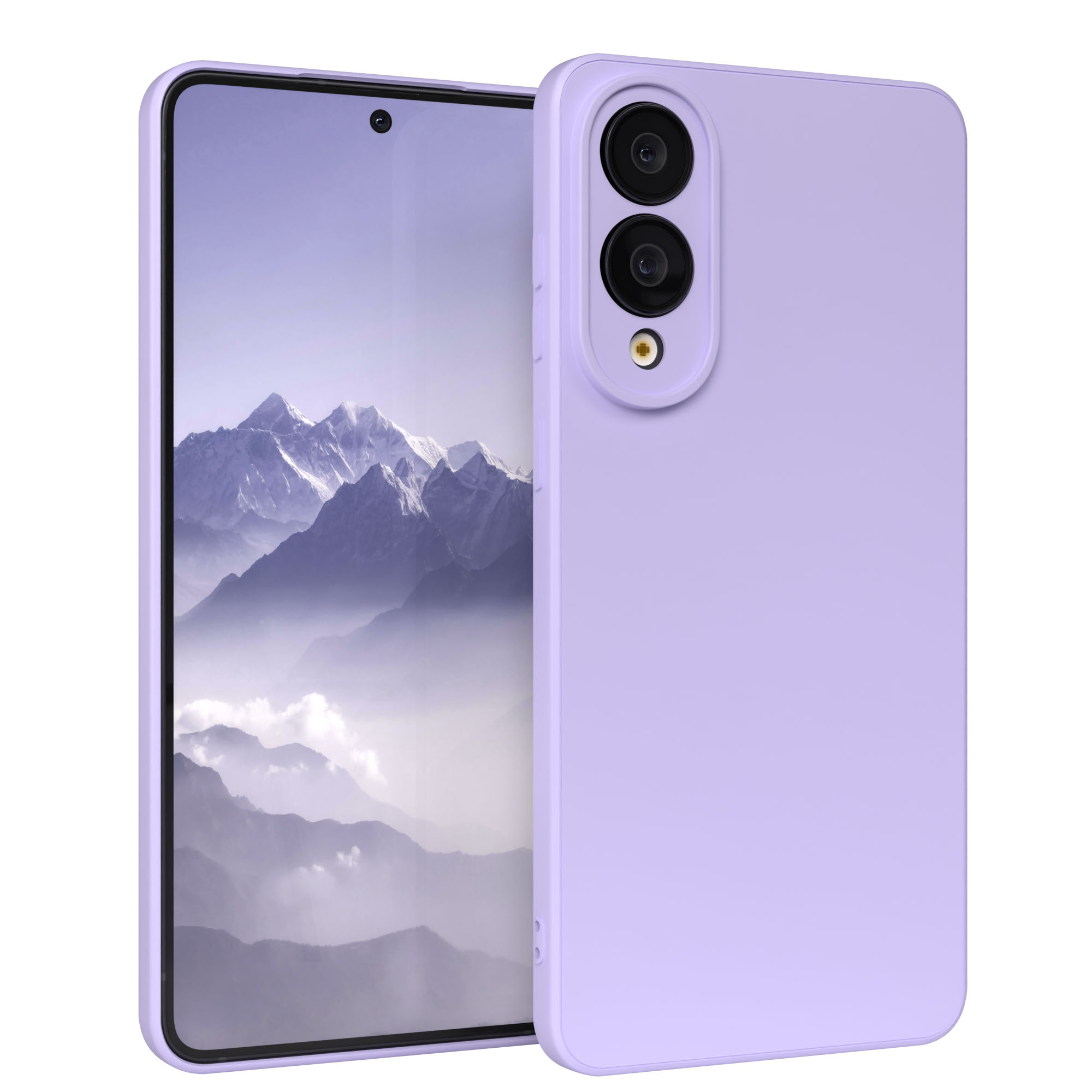 Eine lilafarbene Smartphone-Hülle mit einem Bildschirm, der eine Berglandschaft zeigt. Das Telefon ist leicht geöffnet.