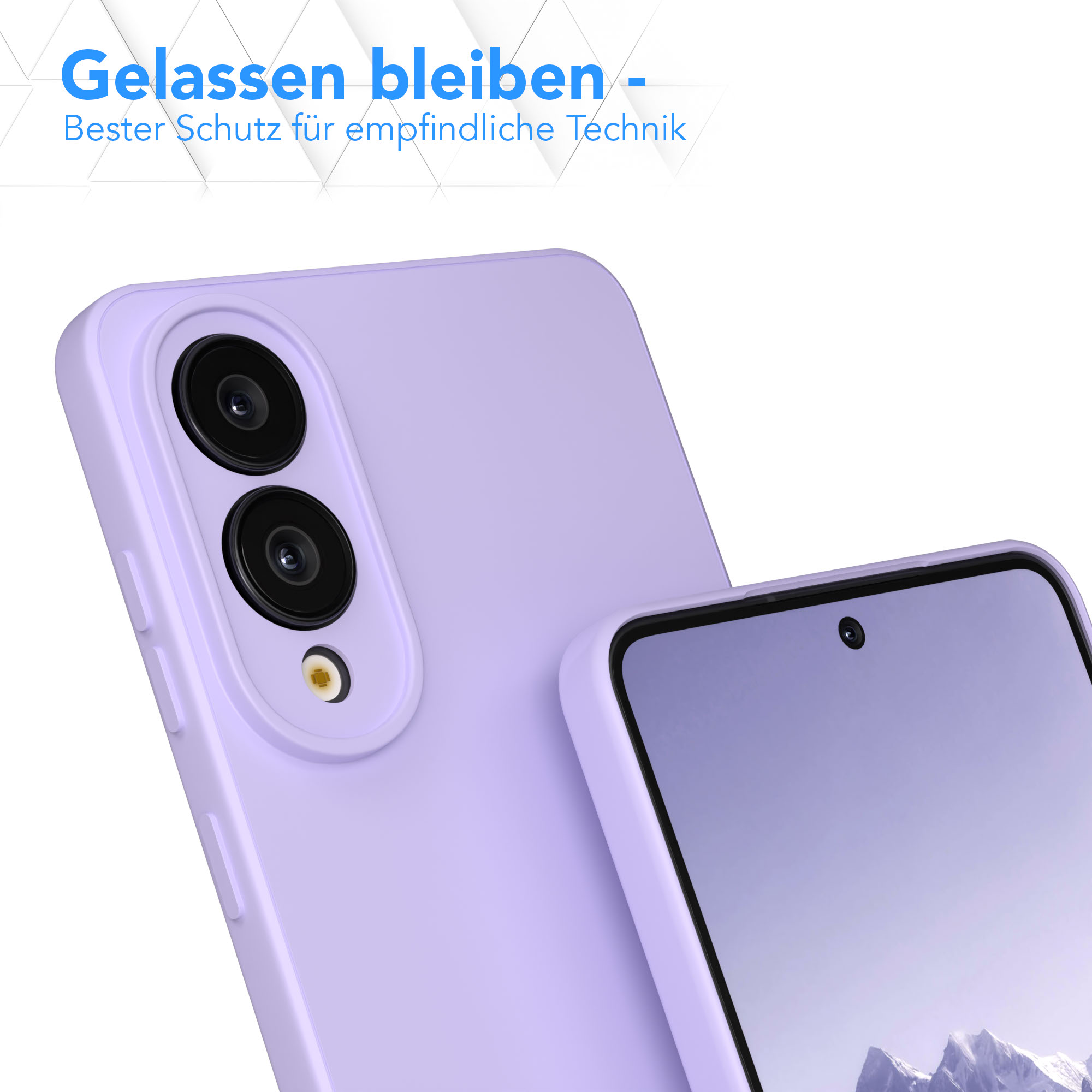 Zwei lilafarbene Smartphones mit Hüllen sind abgebildet. Eines hat sichtbare Kameralinsen, das andere zeigt eine Berglandschaft.