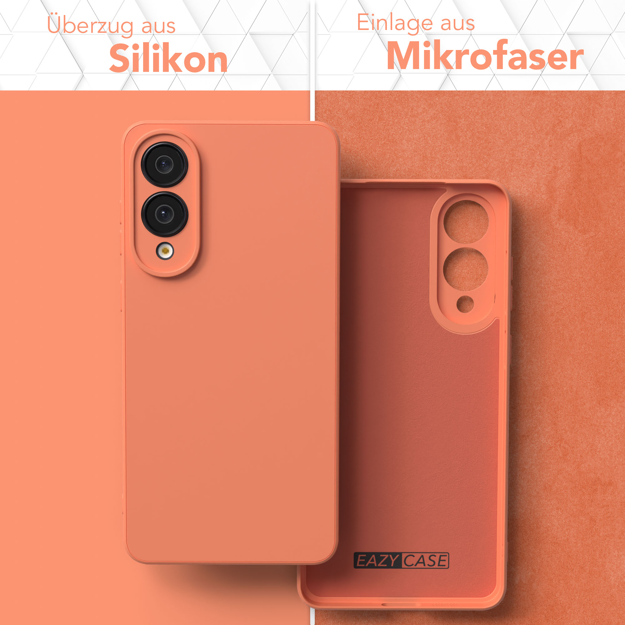 Orangene Handyhülle mit zwei Kameras, neben einer offenen Hülle. Mikrofaserfutter sichtbar. Text: Silikon und Mikrofaser.
