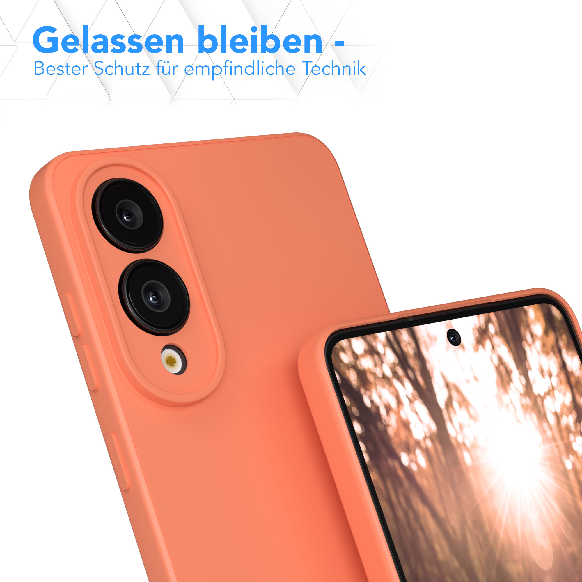 Orangene Handyhülle mit zwei Kameras und einem Bildschirm, der eine Waldszene zeigt. Der Text oben lautet 'Gelassen bleiben'.