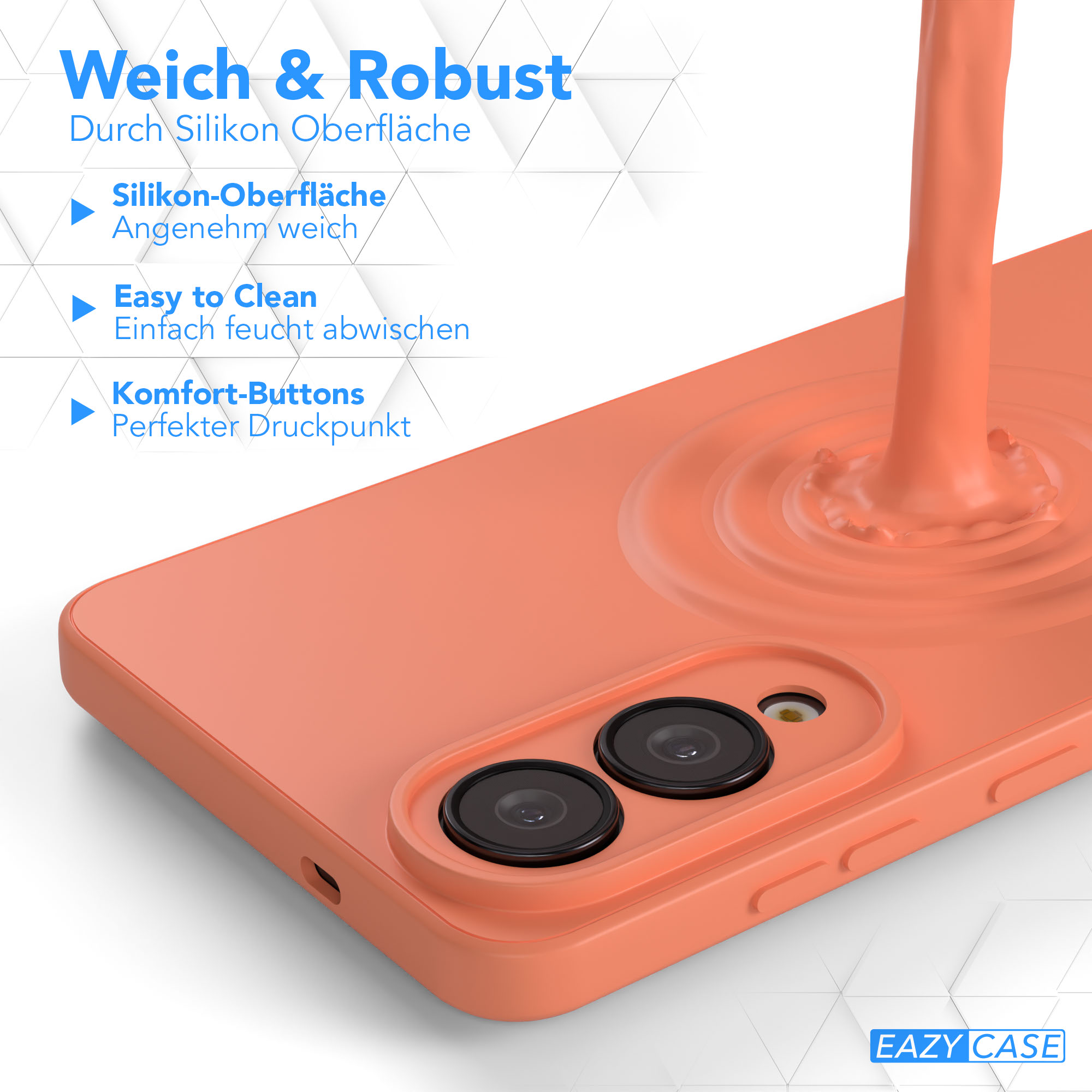 Eine orangefarbene Handyhülle mit zwei Kameralinsen. Darüber befindet sich ein Spritzer orangefarbener Flüssigkeit.