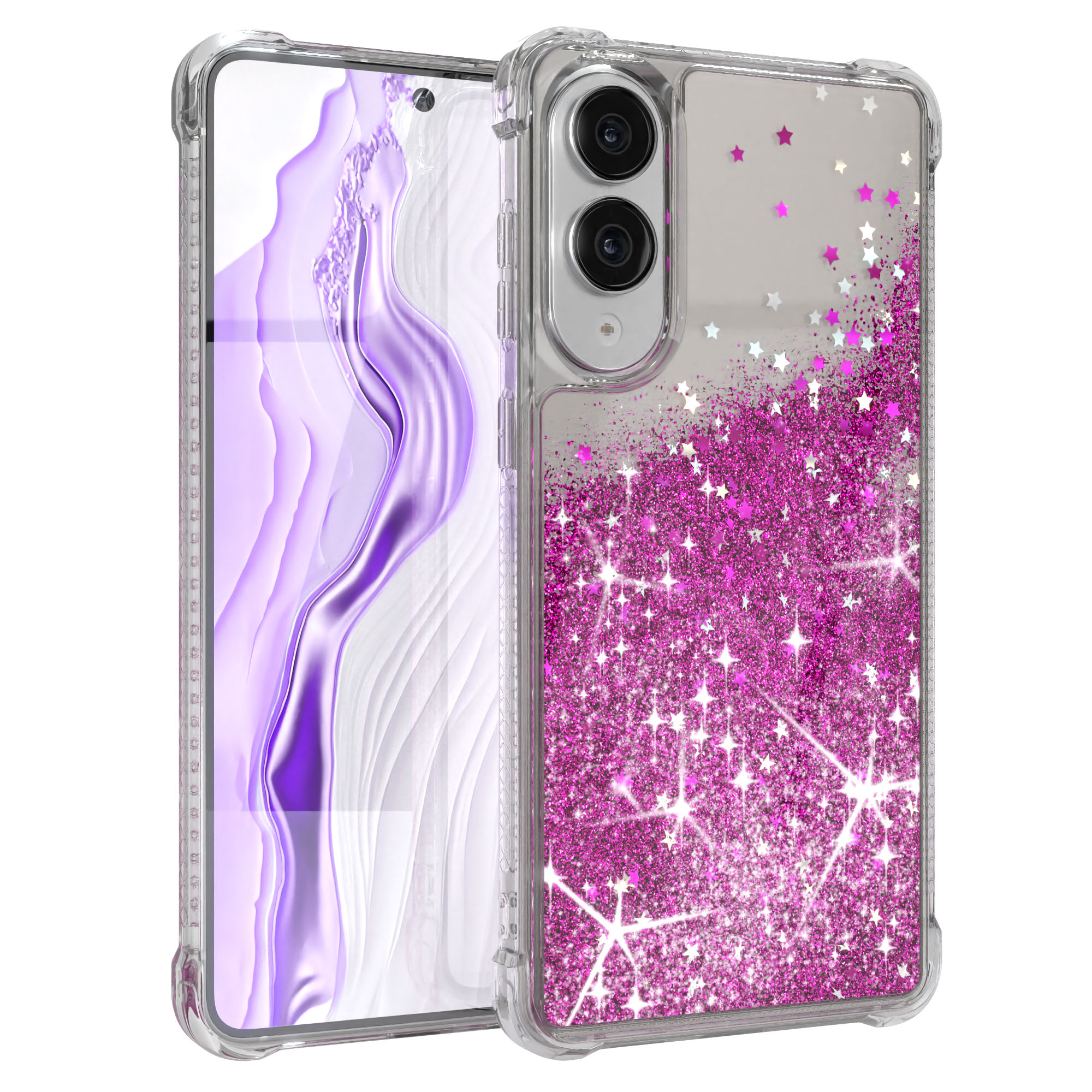 Eine Handyhülle mit rosa Glitzer und Sternen. Der Telefonbildschirm zeigt ein lila abstraktes Design. Klare Hülle.