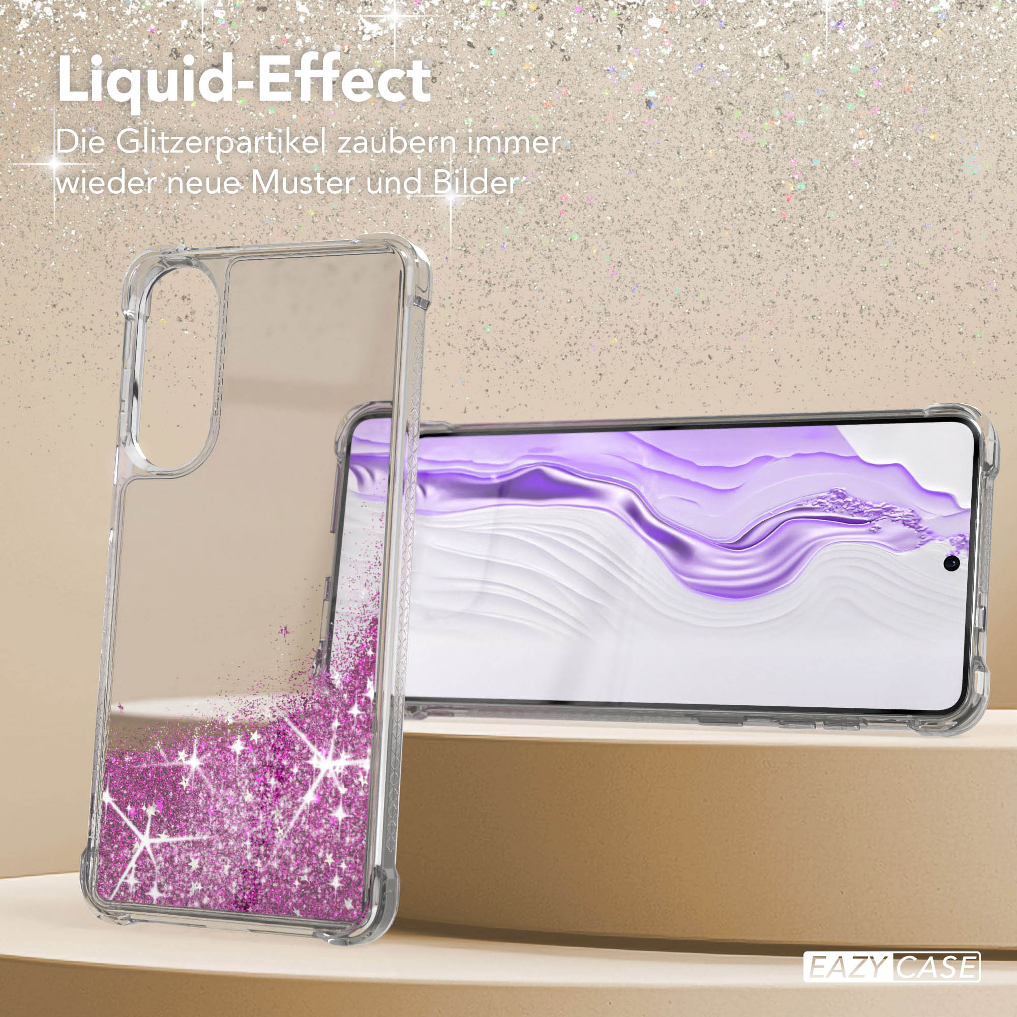 Eine Handyhülle mit Flüssigkeitsglitter. Der Telefonbildschirm zeigt ein lila Design. Der Hintergrund ist ein Glitzereffekt.