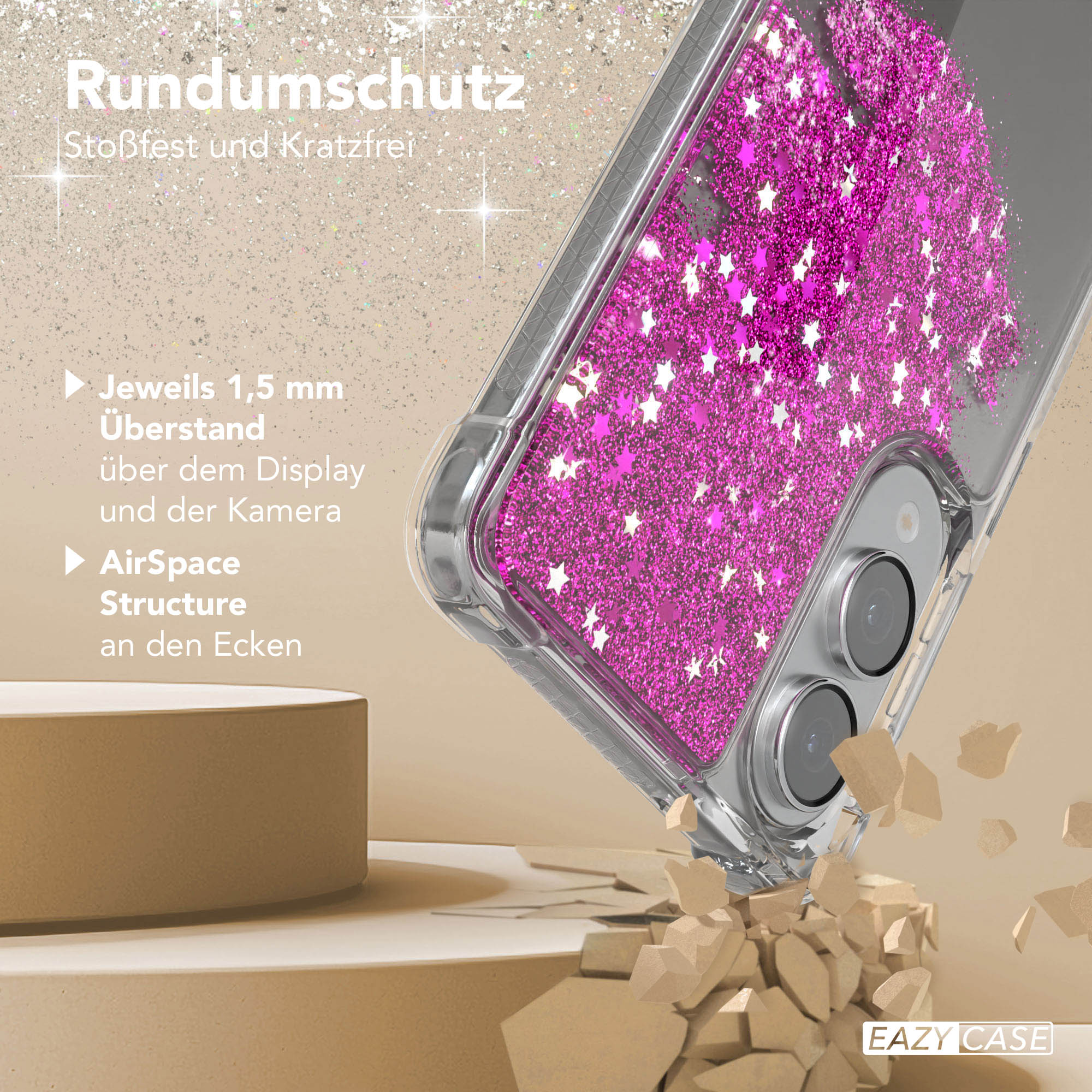 Gezeigte Handyhülle mit pinkfarbenem Glitzer und weißen Sternen. Die Hülle liegt auf einer beigen Oberfläche. Es gibt einige verstreute Teile.