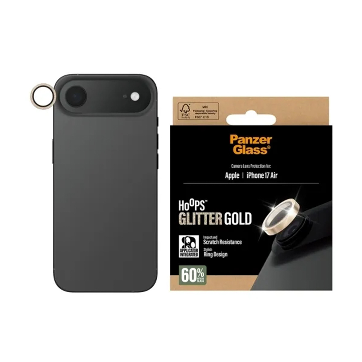 Een zwarte telefoonhoes met een gouden camerabeschermer en Panzer Glass verpakking. De hoes heeft een ringontwerp en is krasbestendig.