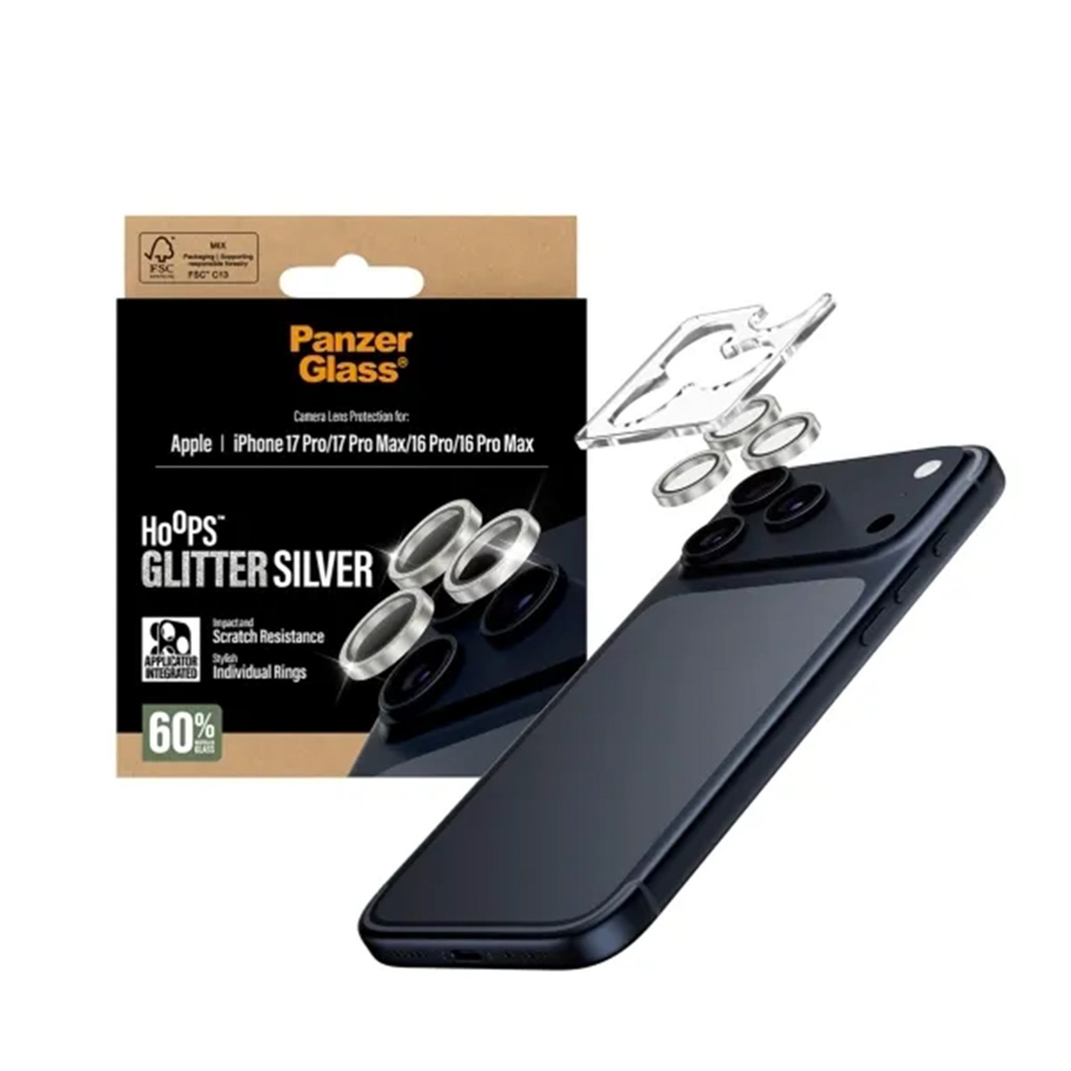 Een zwarte iPhone met cameralensbeschermers en een doos. Op de doos staat Panzer Glass en de beschermers zijn voor de iPhone 17.