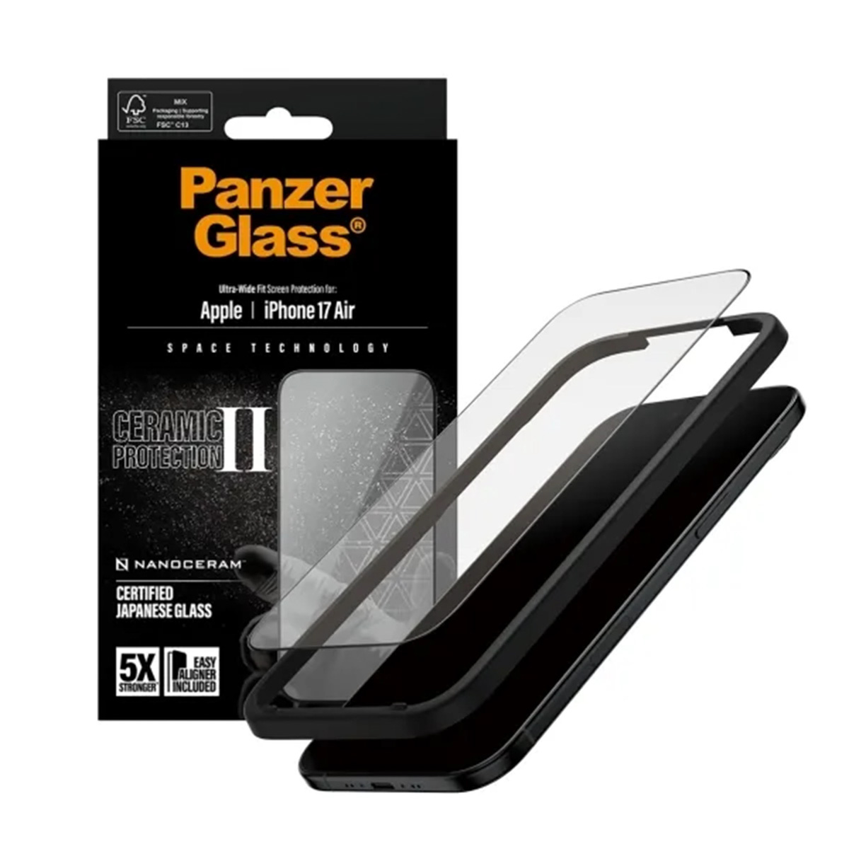 Una scatola nera con il testo 'PanzerGlass' e una protezione per schermo. È per Apple iPhone 17 Air, con 'Ceramic Protection II'.