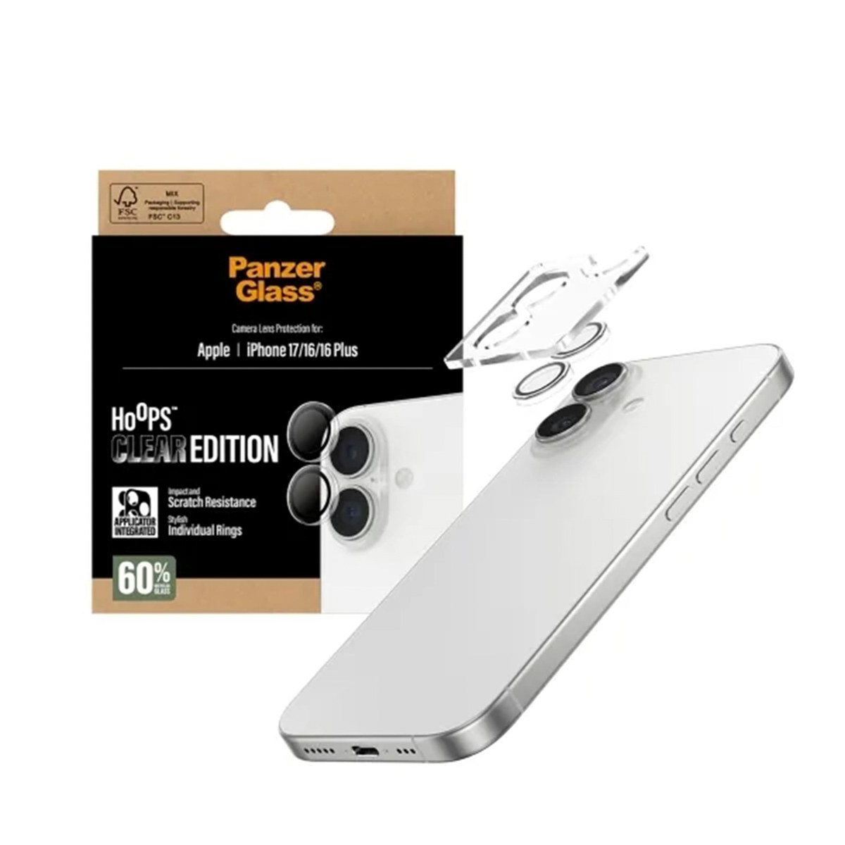 A white iPhone with a camera lens protector and packaging. The packaging shows the 'Panzer Glass' brand and features a 'HOOPS CLEAR EDITION'.