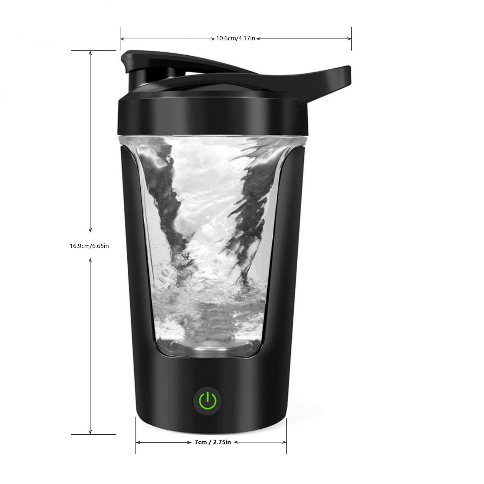 Schwarze elektrische Shaker-Flasche mit wirbelnder Flüssigkeit. Ein/Aus-Taste an der Basis. Maße beschriftet.