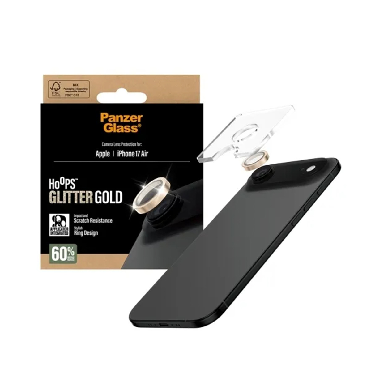 Een iPhone met een lensbeschermer, een doos met het Panzer Glass-logo en een lensbeschermer verpakking met de tekst 'Hoops Glitter Gold'.