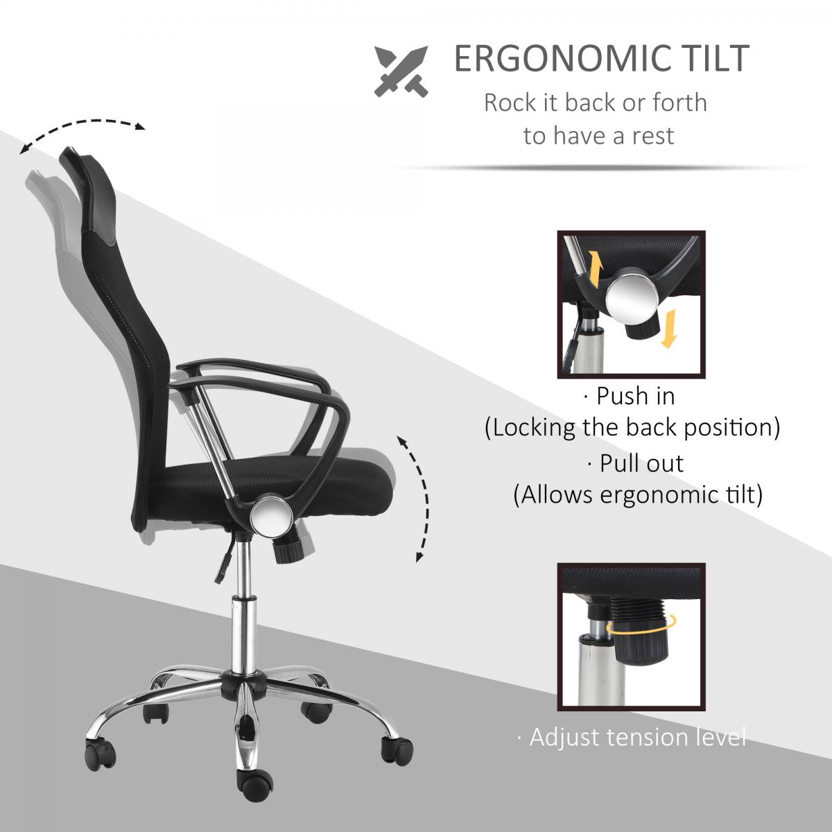 Ein Bürostuhl mit ergonomischer Neigefunktion wird gezeigt, mit Anweisungen zum Ver- und Entriegeln der Rückenlehne und zur Spannungseinstellung.