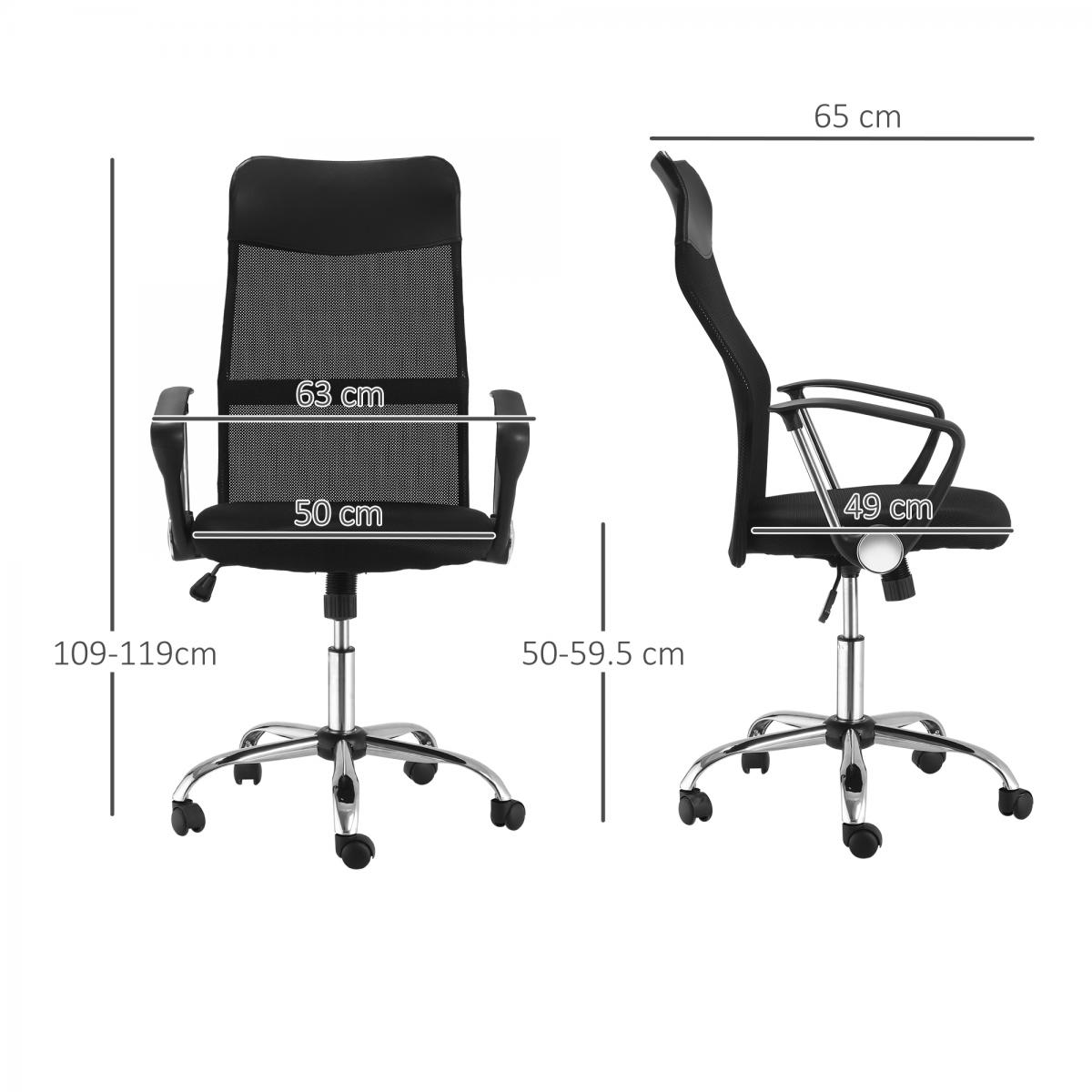 Bürostuhl mit Netzrücken, Maße angegeben: 63 cm, 50 cm, 109-119 cm, 65 cm, 49 cm und 50-59,5 cm. Seiten- und Vorderansicht.