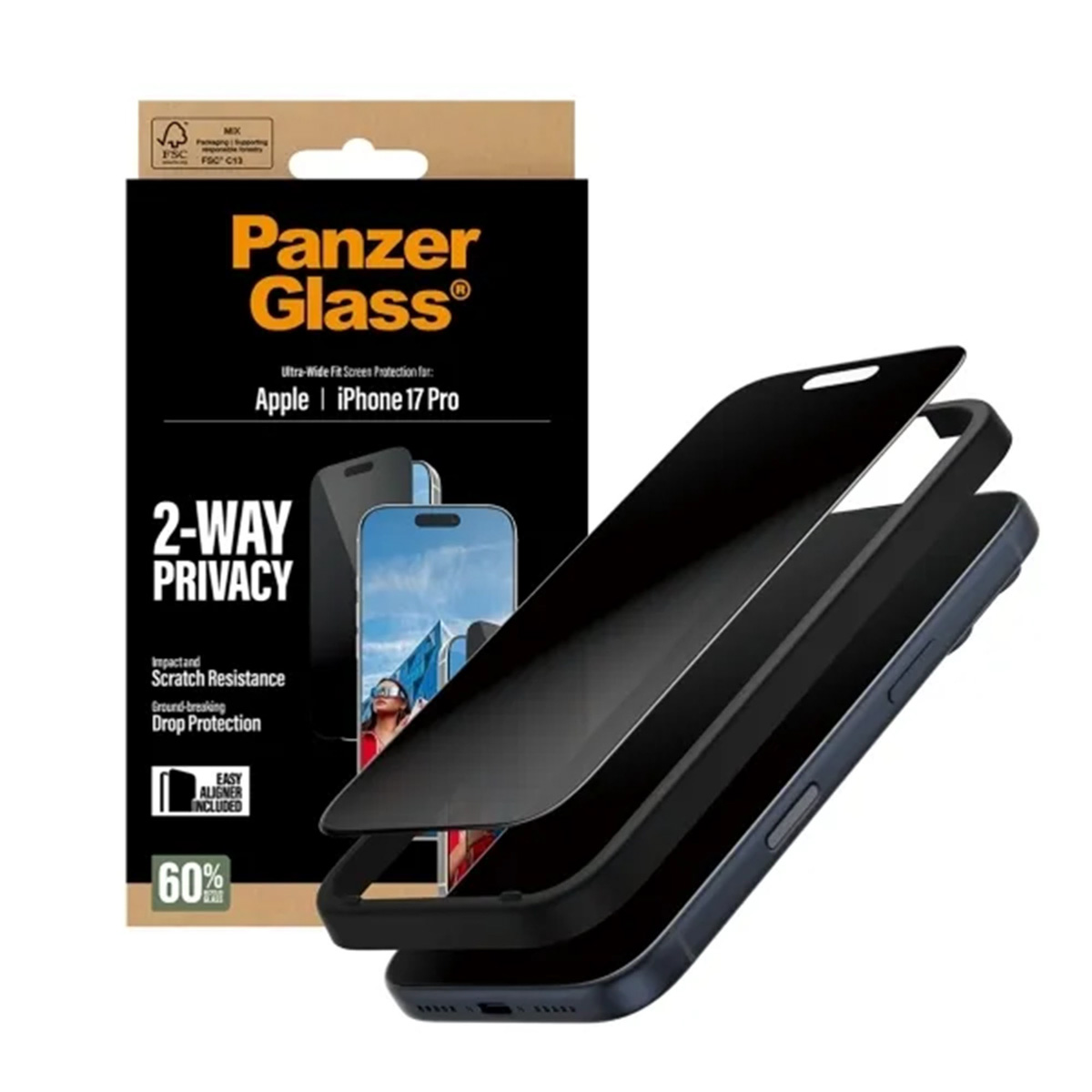 Görüntü, telefon ekran koruyucu kitini gösteriyor. Panzer Glass kutusu, siyah bir koruyucu ve siyah bir telefon kılıfı içerir.