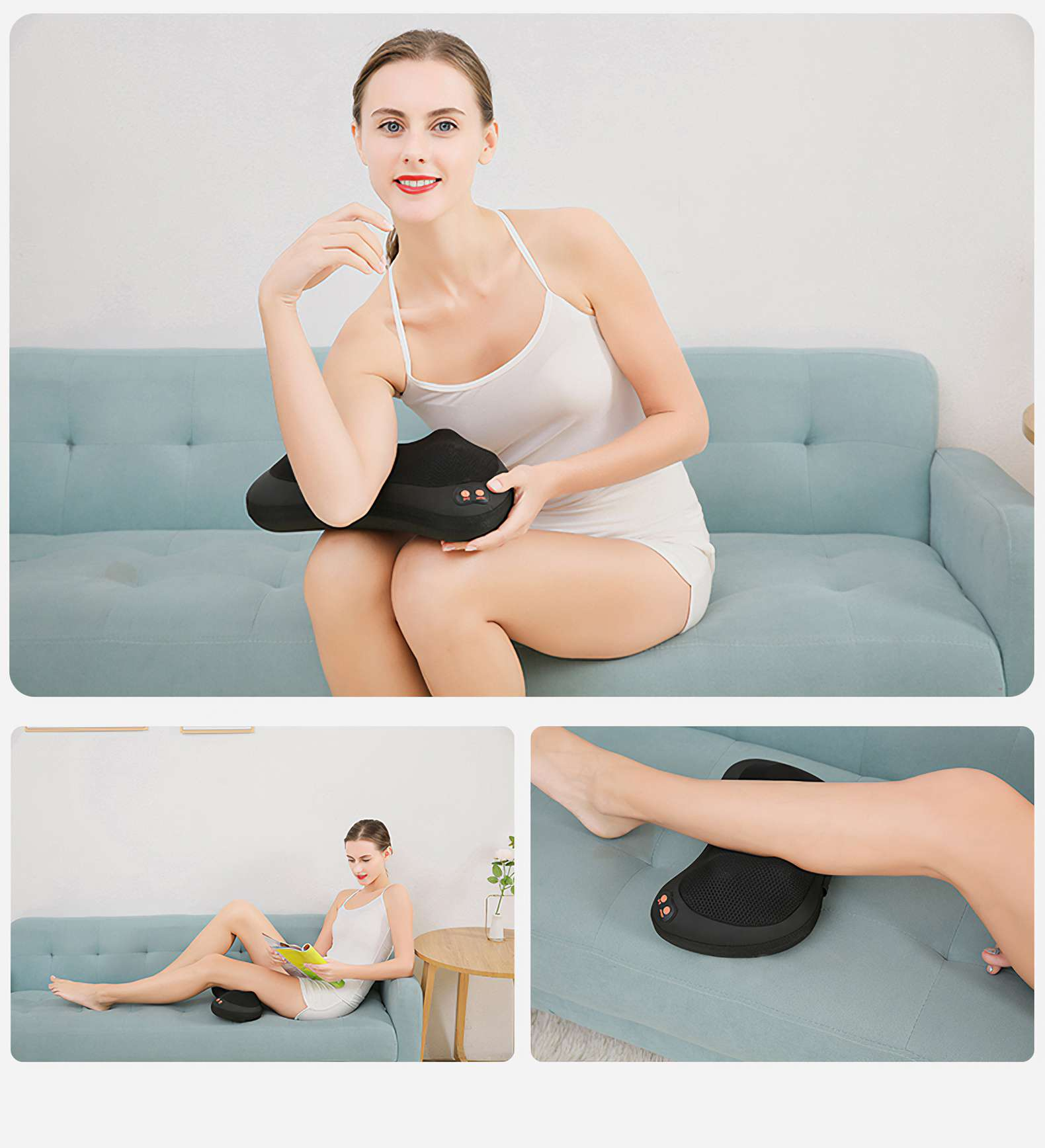 Frau auf einem blauen Sofa hält ein schwarzes Fußmassagegerät. Andere Bilder zeigen sie bei der Benutzung oder mit dem Bein darauf.