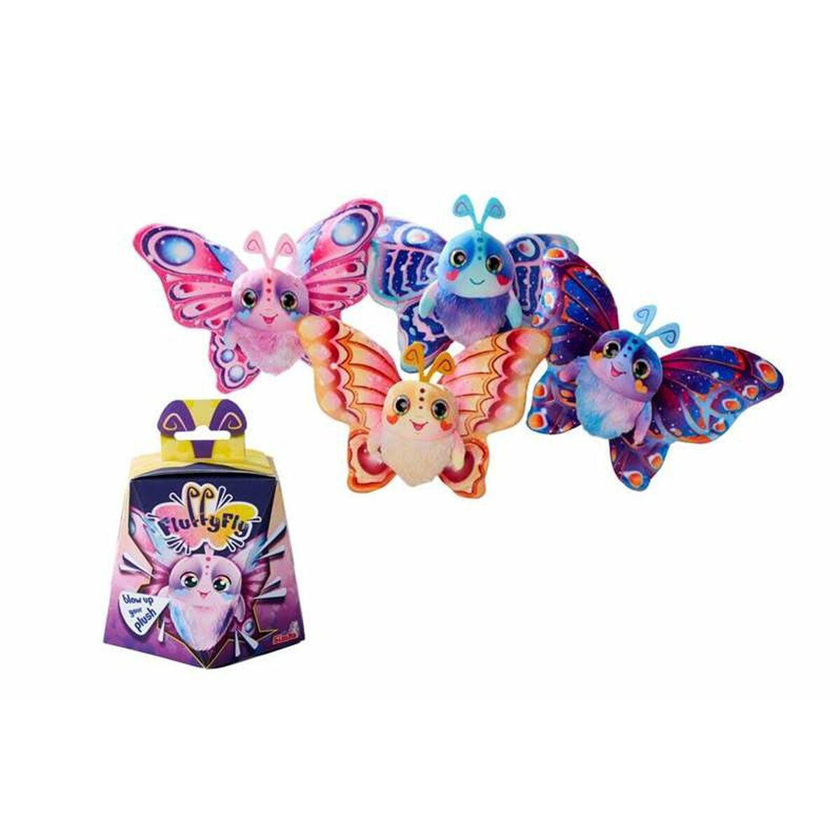 Mehrere Plüsch-Schmetterlingsspielzeuge mit bunten Flügeln und lächelnden Gesichtern, sowie eine Verpackung mit Schmetterlingsdesign.