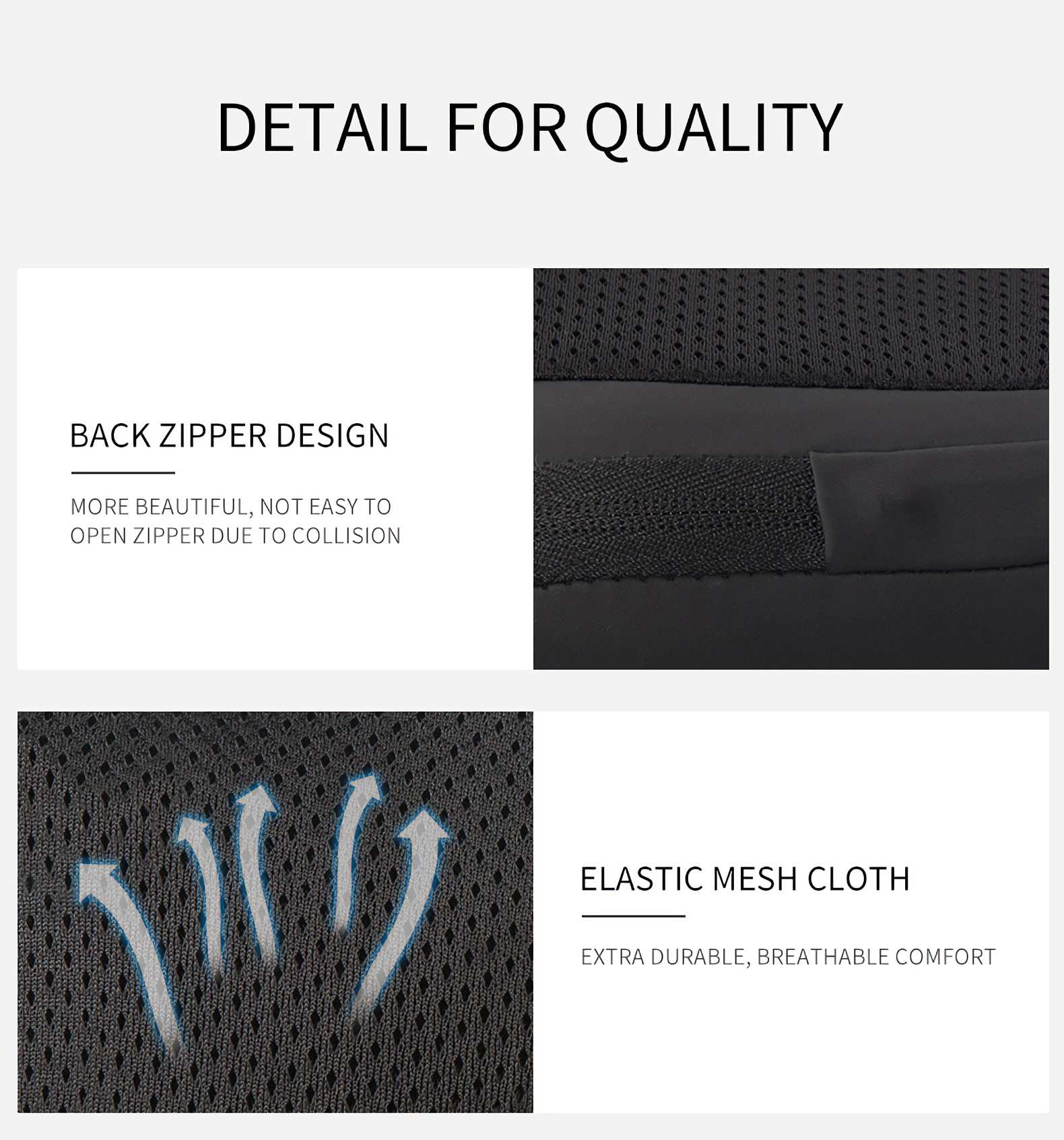 Das Bild zeigt ein schwarzes Reißverschlussdesign und elastisches Mesh-Gewebe. Text beschreibt Merkmale und Vorteile.