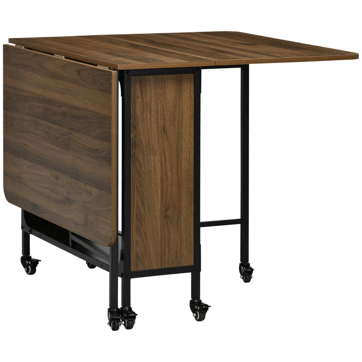 Ein brauner Klapptisch aus Holz mit schwarzem Metallrahmen. Der Tisch hat Räder. Ein Blatt ist unten.
