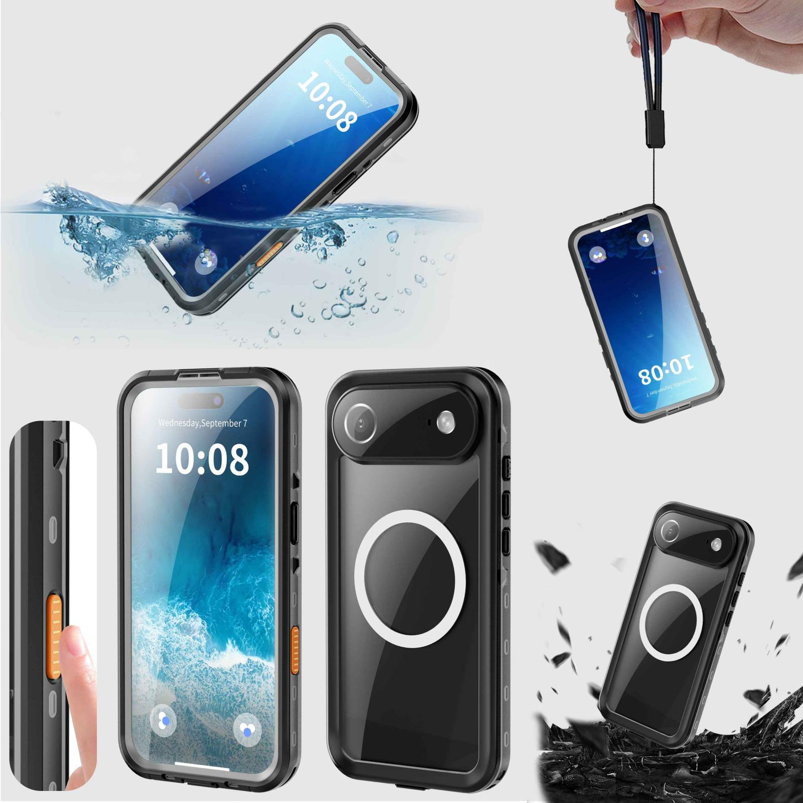 Mehrere iPhones in wasserdichten Hüllen. Eines untergetaucht, eines hängend, ein anderes mit weißem Kreis. Alle zeigen 10:08.