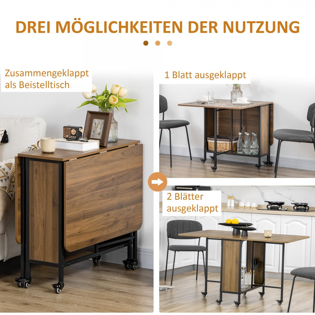 Ein hölzerner Klapptisch wird in drei verschiedenen Konfigurationen gezeigt: gefaltet, ein Blatt offen und beide Blätter offen.