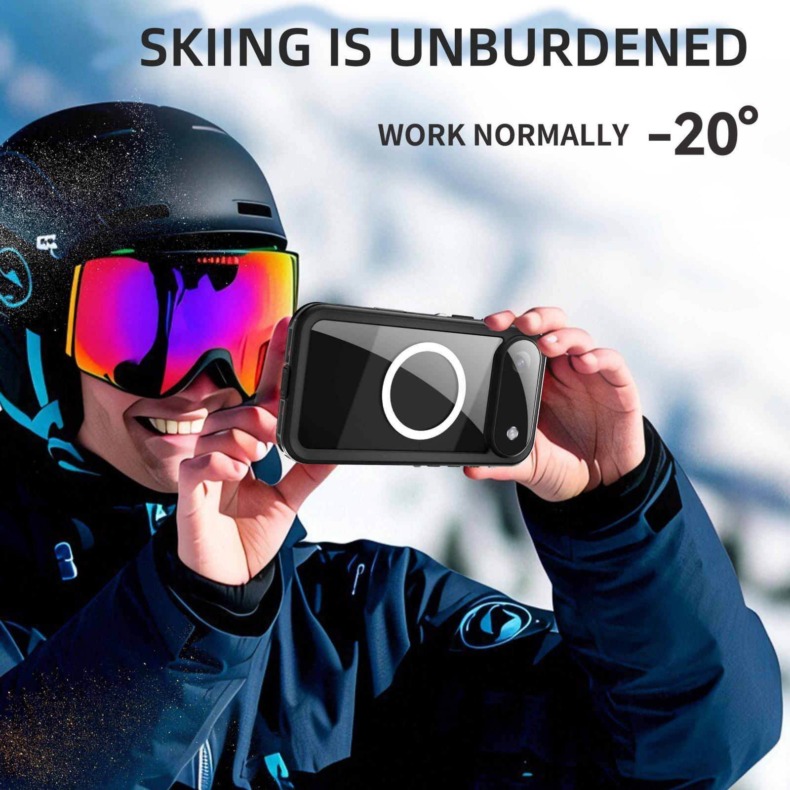 Skifahrer hält Telefon in Hülle, trägt Helm und Brille. Text besagt, dass Skifahren unbelastet ist, normal arbeiten -20°.
