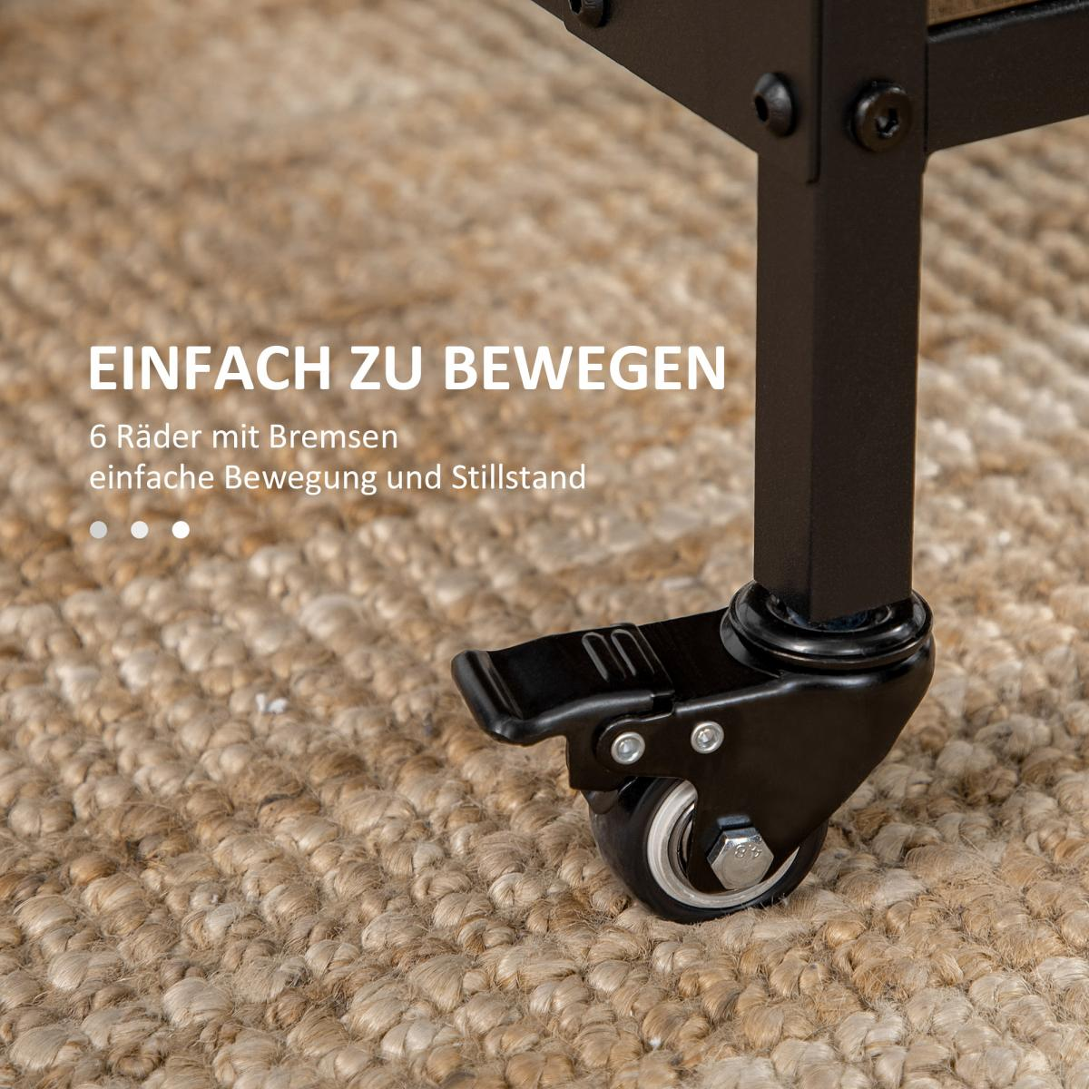Schwarzes Rad mit Bremse auf einem braunen gewebten Teppich. Ein schwarzer Metall-Stützrahmen ist sichtbar.