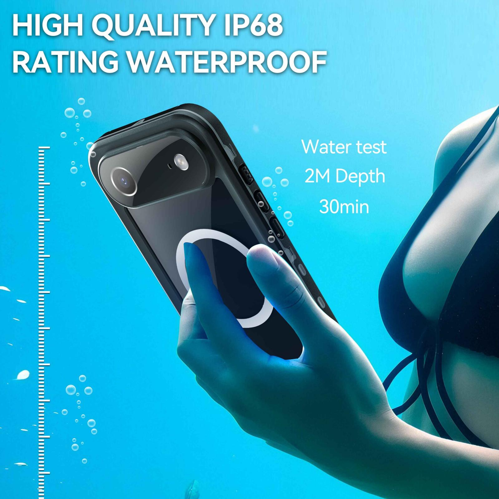 Ein Telefon in einer wasserdichten Hülle unter Wasser. Eine Person hält das Telefon. Text: Wassertest 2M Tiefe, 30min.