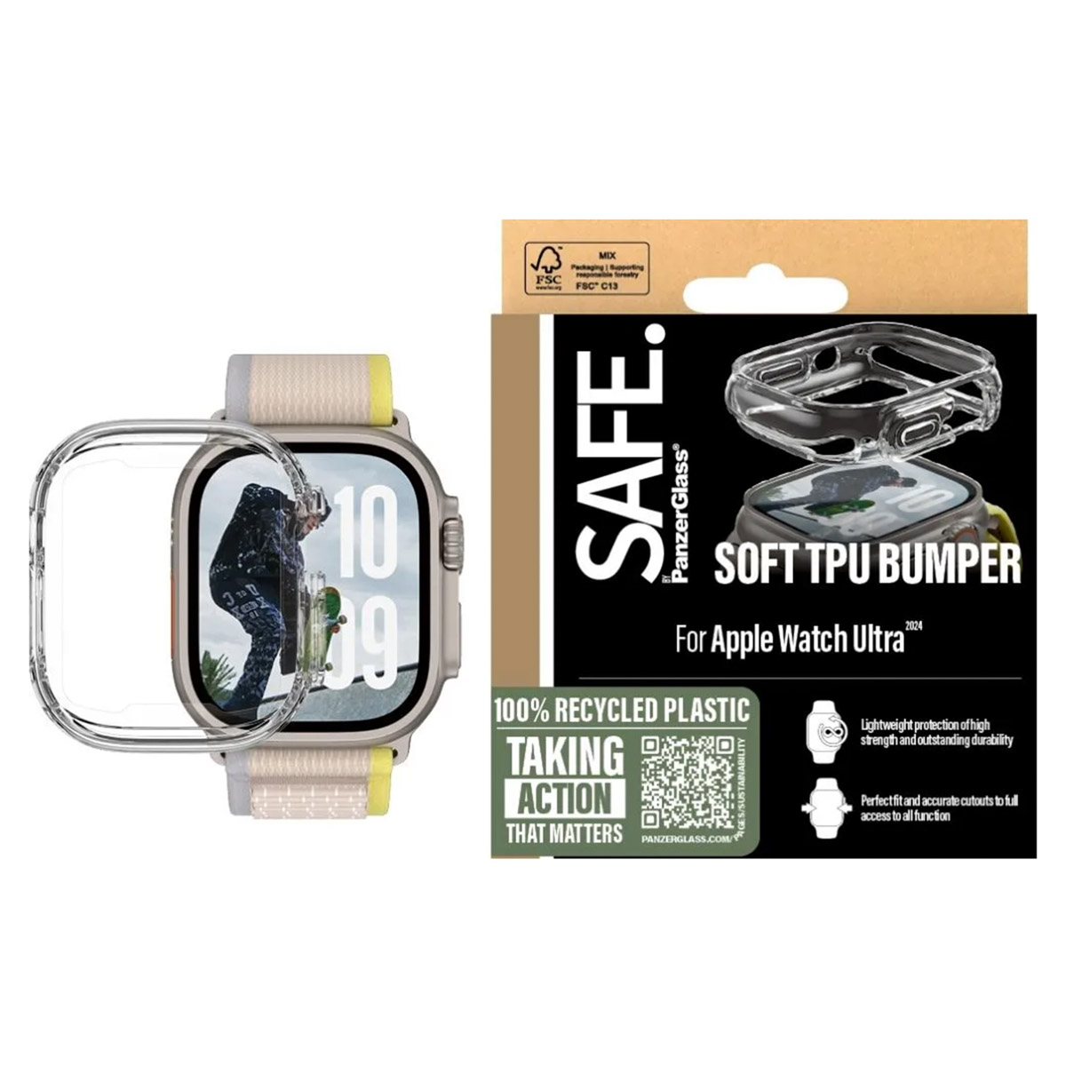 An Apple Watch Ultra with a protective case is next to a box that shows the features of the case.