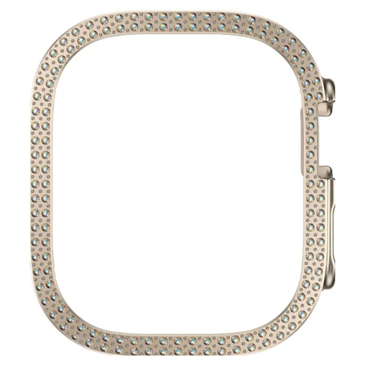 A square watch case with a silver-gold color, decorated with small, sparkling gems. The case has rounded corners, and a clasp on the side.