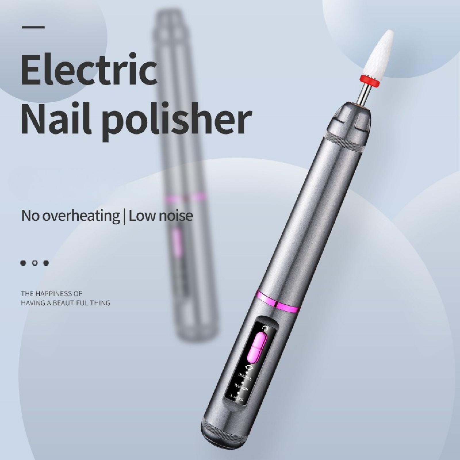 Ein elektrischer Nagellackentferner wird angezeigt. Es ist silberfarben, mit einem weißen Schleifkopf. Der Text lautet 'Electric Nail polisher'.