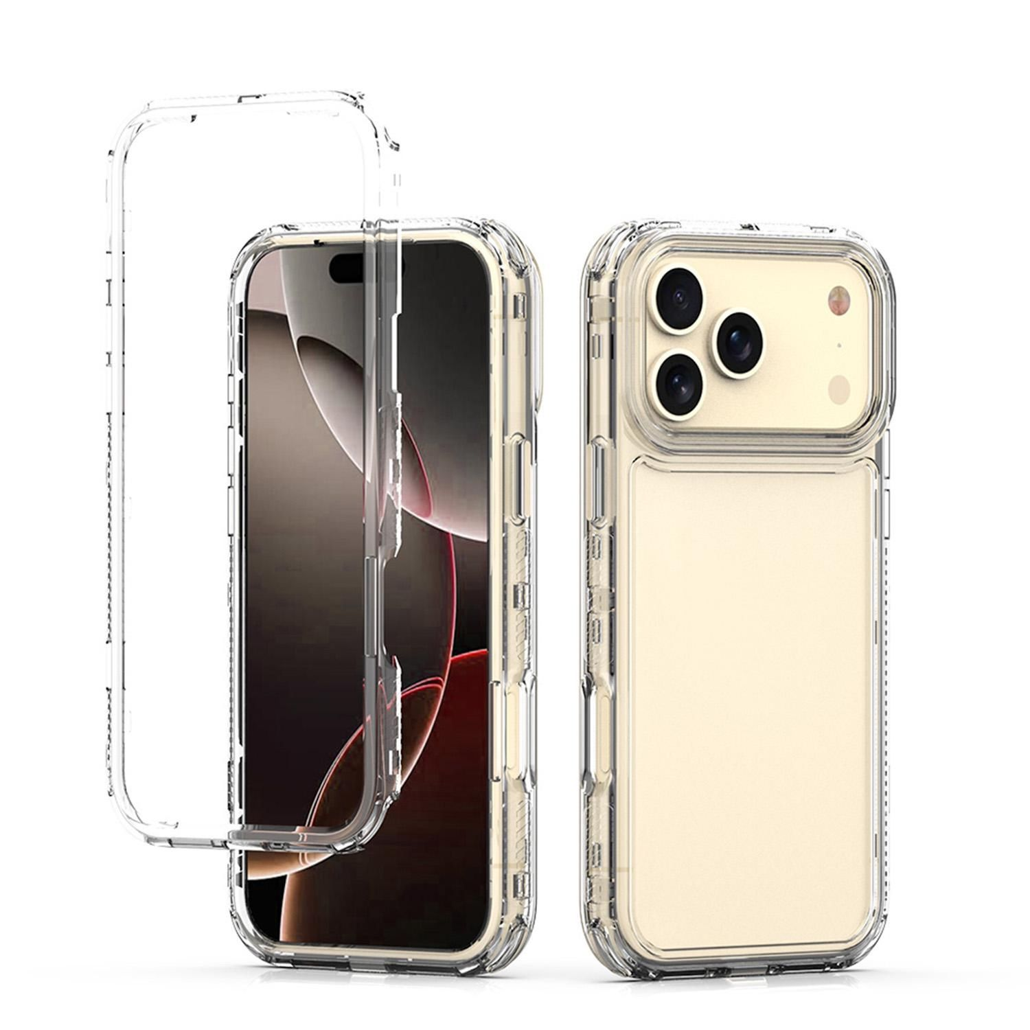Dos fundas transparentes para teléfono, una abierta, revelando un teléfono. Una funda está cerrada. Ambas sobre fondo blanco.