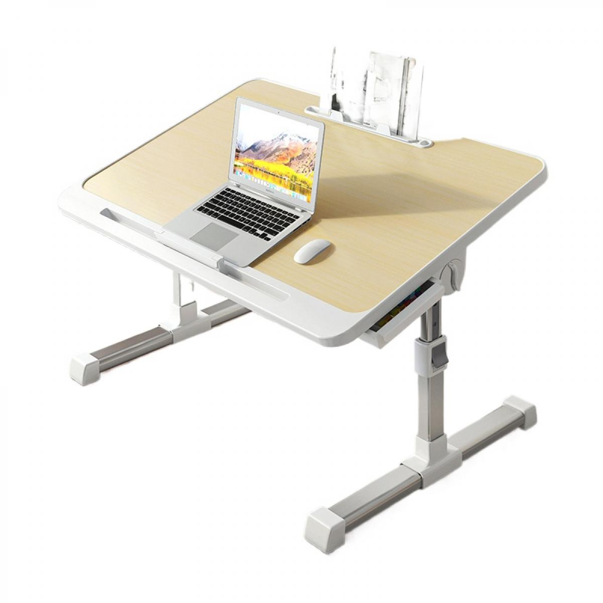 Ein höhenverstellbarer Schreibtisch mit Laptop, Maus und Buchständer. Der Schreibtisch ist helles Holz mit weißer Einfassung und Metallbeinen.