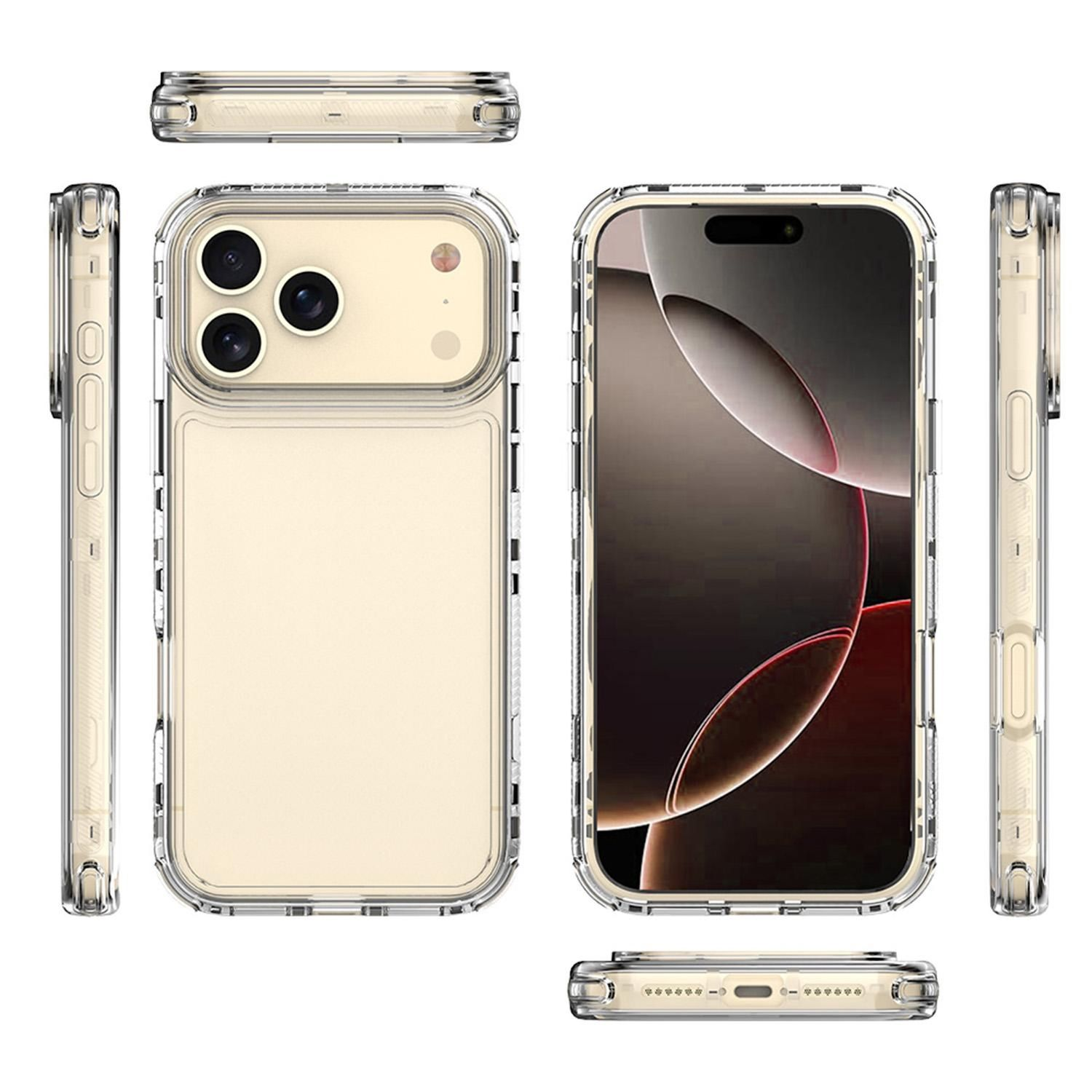Funda transparente para iPhone, se muestran diferentes ángulos. Muestra la cámara, los botones y el protector de pantalla.