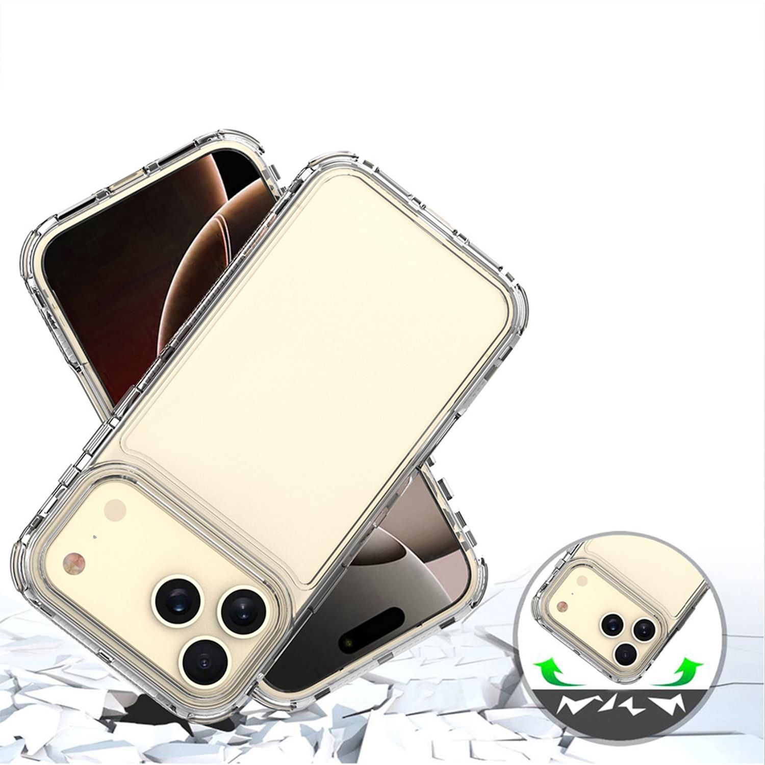 Fundas transparentes para iPhone, con un teléfono visible dentro, sobre una superficie blanca con escombros. Las fundas están diseñadas para protección contra impactos.