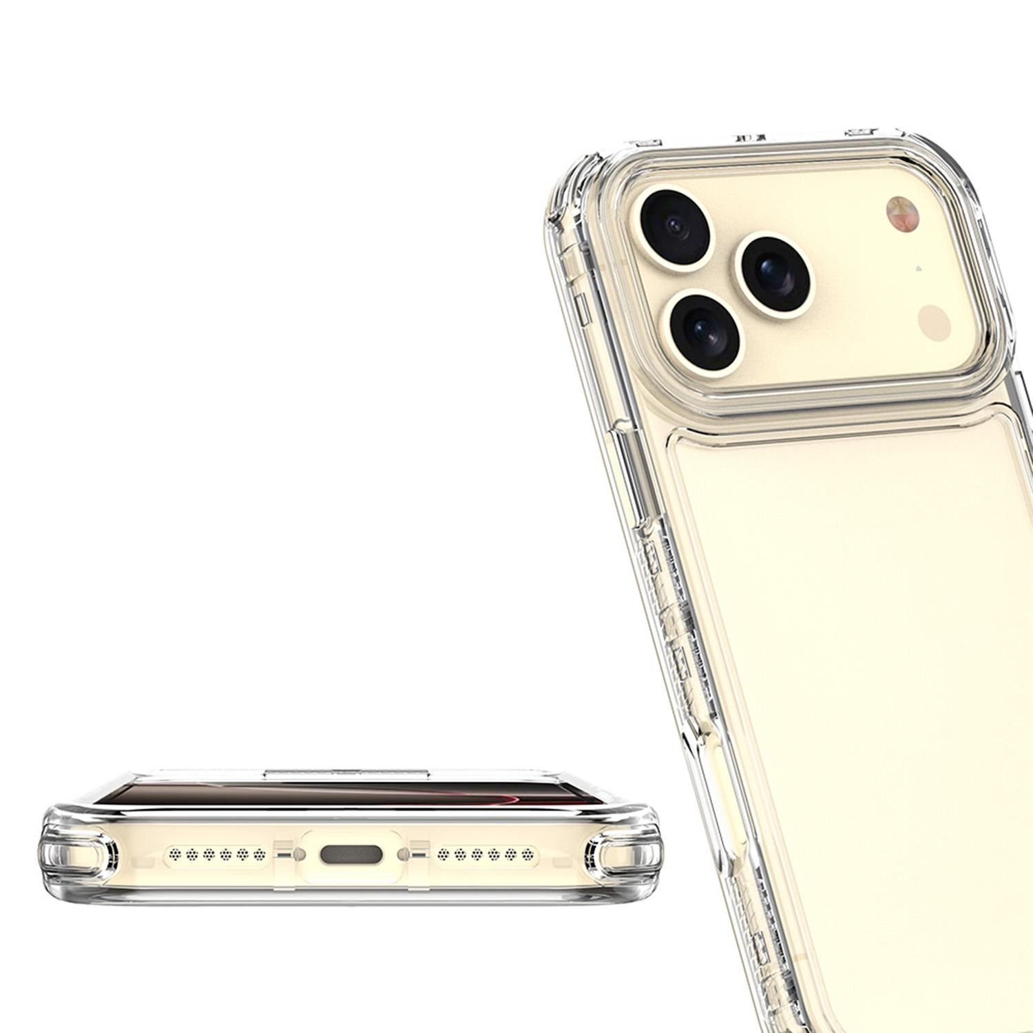 Funda transparente para teléfono. Tiene una sección de cámara con tres lentes. La parte inferior tiene puertos de carga. El fondo es blanco.