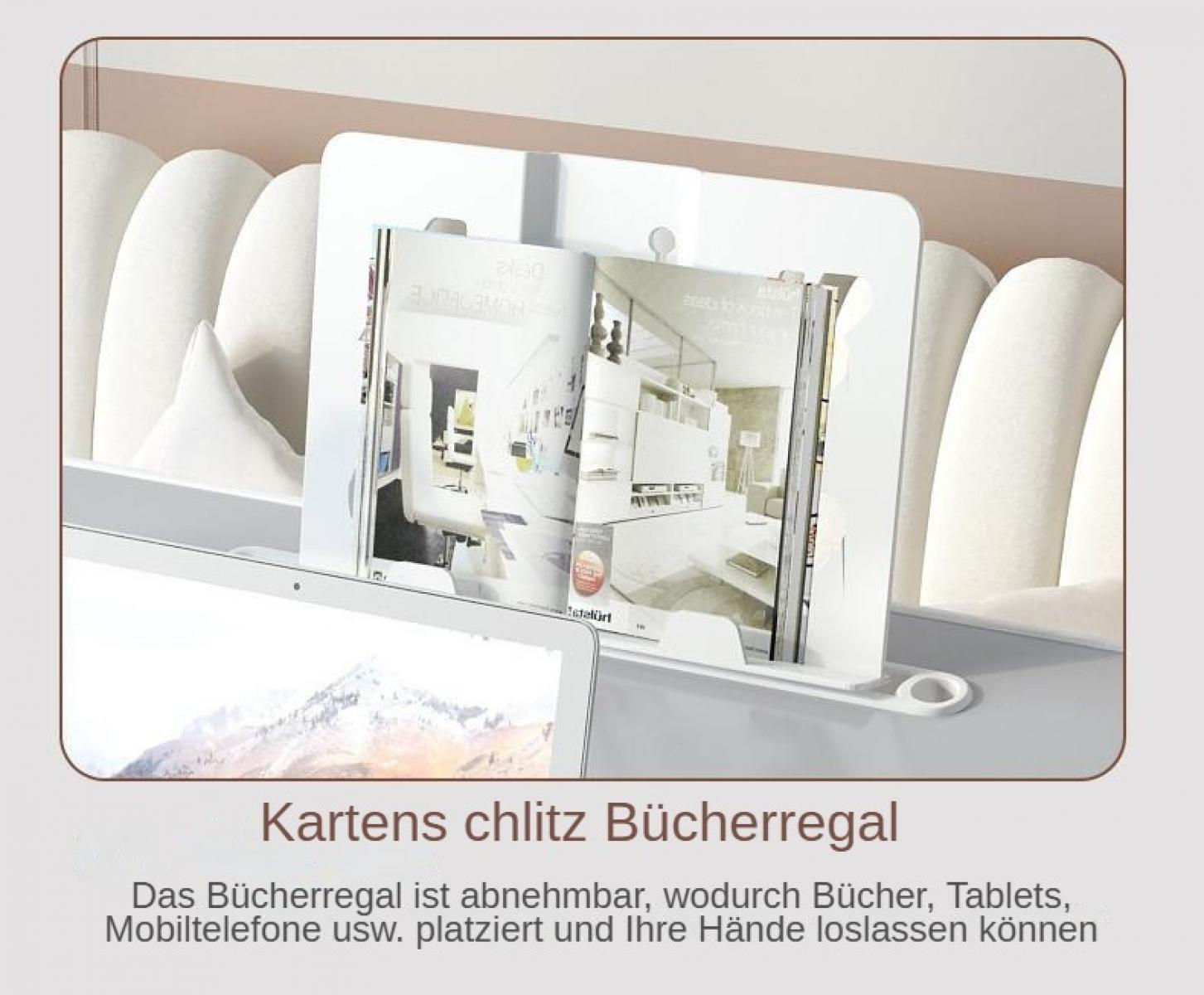 Ein weißer Buchhalter mit einem Laptop davor und einer offenen Zeitschrift. Dahinter befinden sich mehrere weiße zylindrische Objekte.