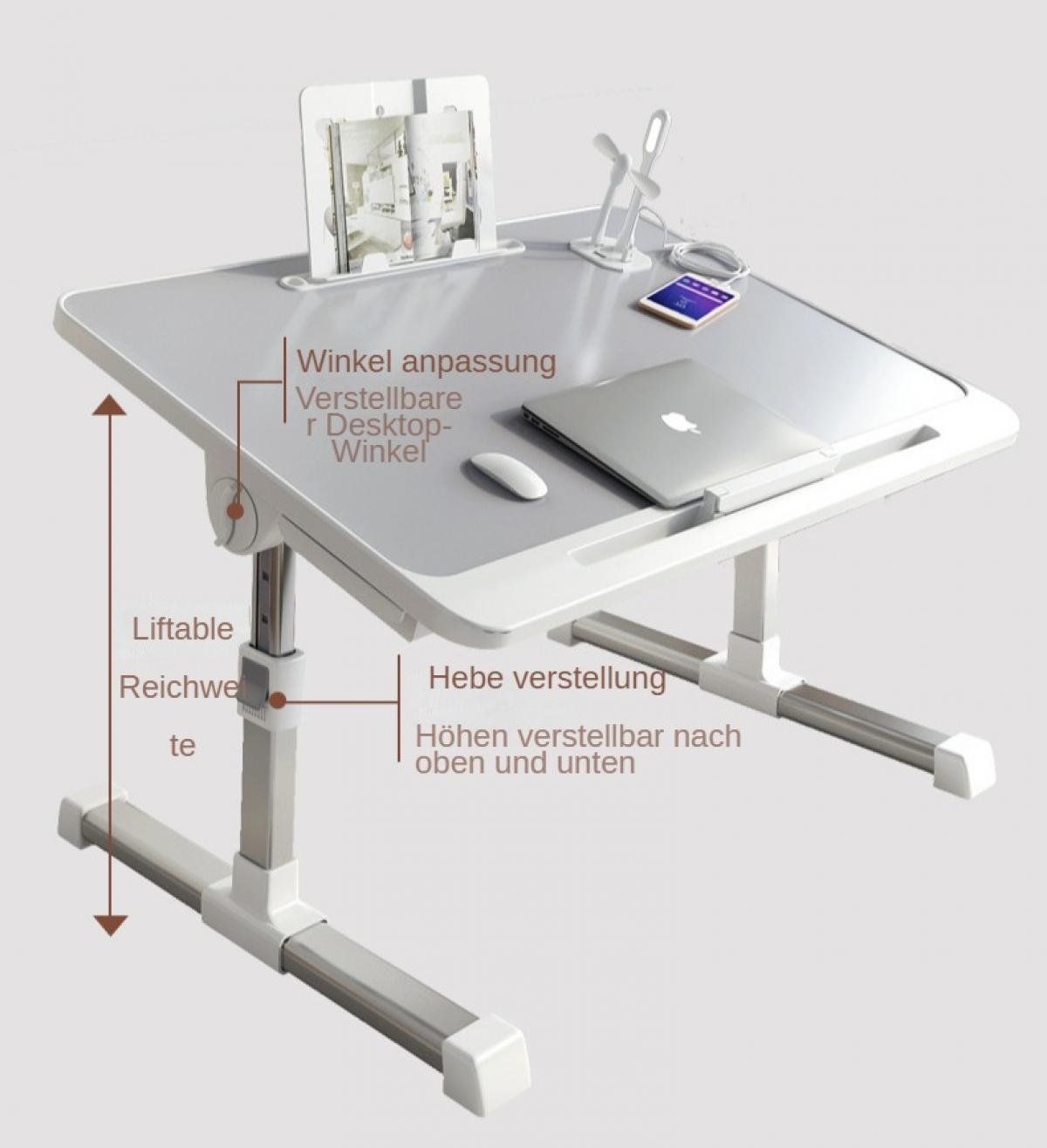 Ein weißer und grauer verstellbarer Laptop-Schreibtisch. Er hat einen Tablethalter, ein Telefon, einen Laptop und eine Maus darauf. Die Beine sind verstellbar.