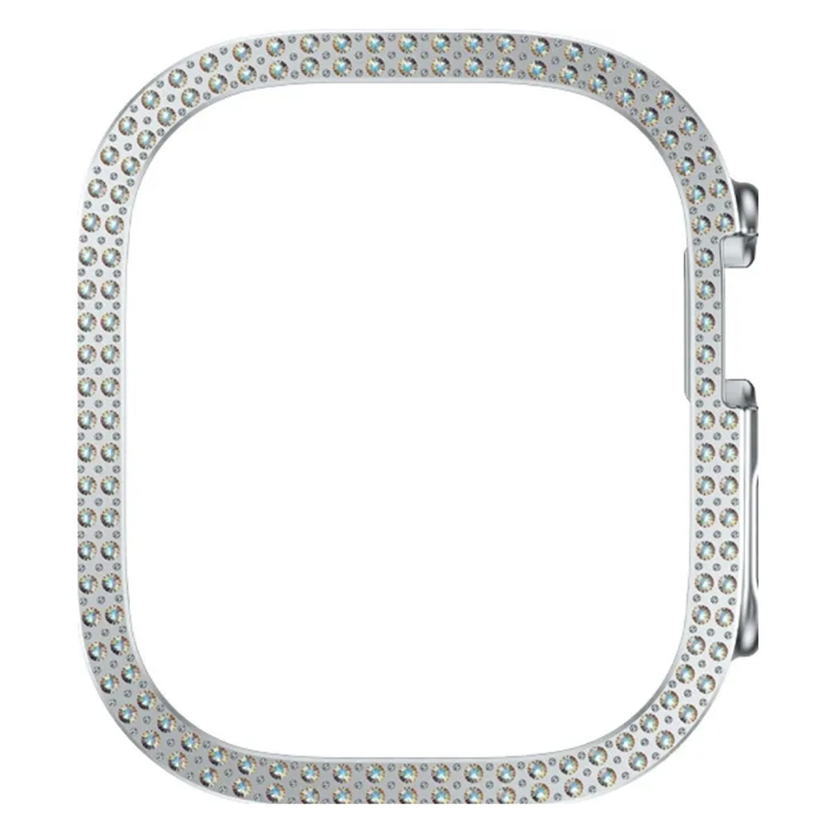 Silver watch bezel with embedded crystals. The bezel is square with rounded corners and has a clasp on the side.