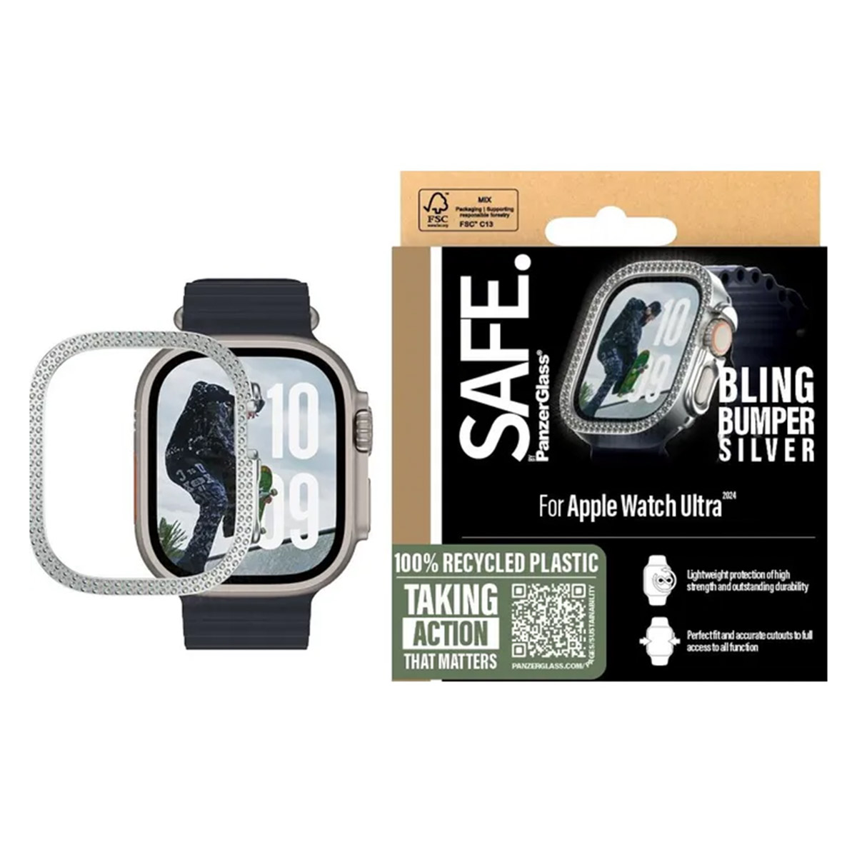 Apple Watch with a screen protector, box with 'SAFE.' label, and 'BLING BUMPER SILVER' text. Watch displays a skater.