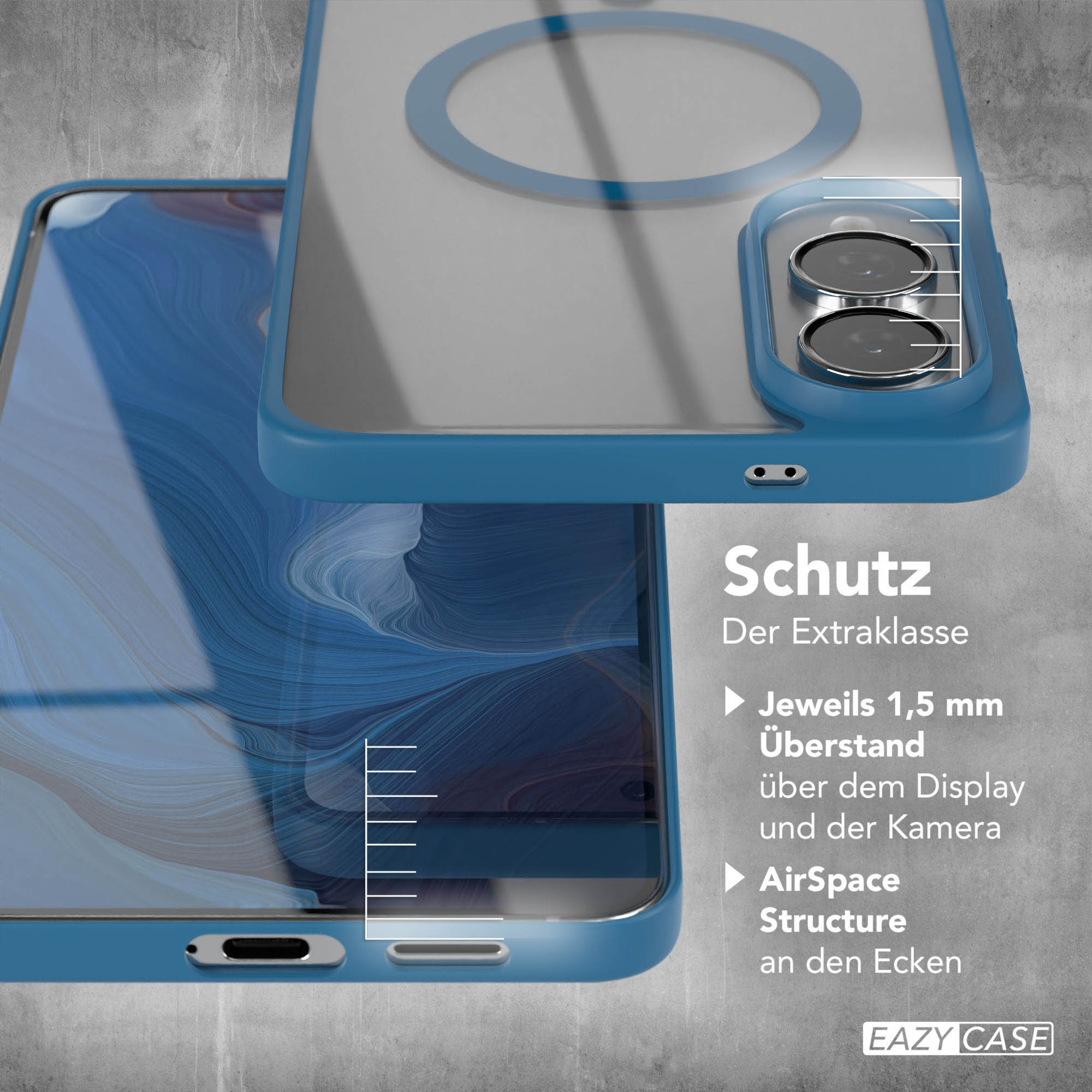 Eine blaue Handyhülle mit durchsichtigem Rücken, die ein Telefon zeigt. Text: Schutz, Der Extraklasse, EAZY CASE.