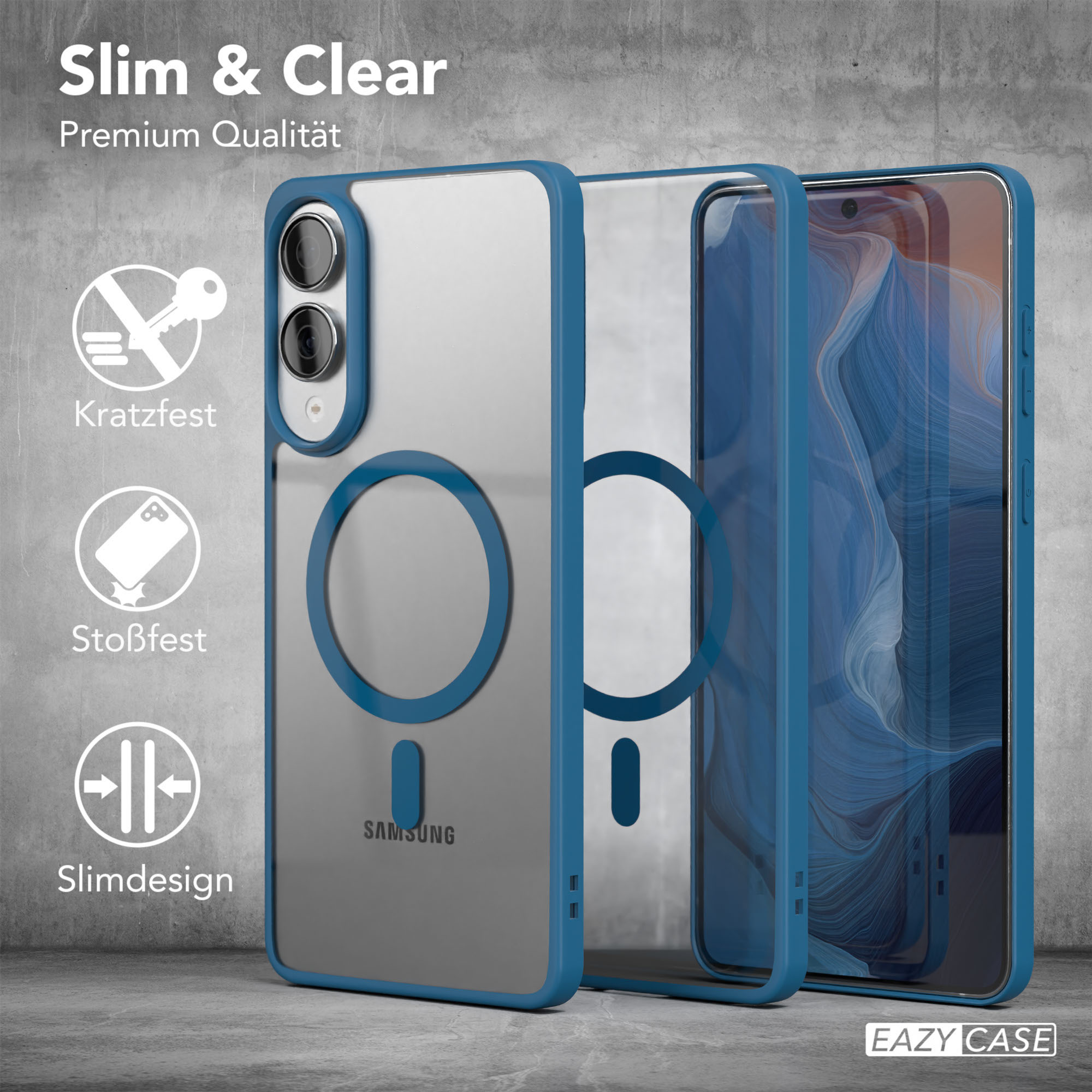 Transparente Handyhülle mit blauem Rand. Die Hülle befindet sich vor einem Telefon mit blau gemustertem Hintergrund. Grauer Hintergrund.