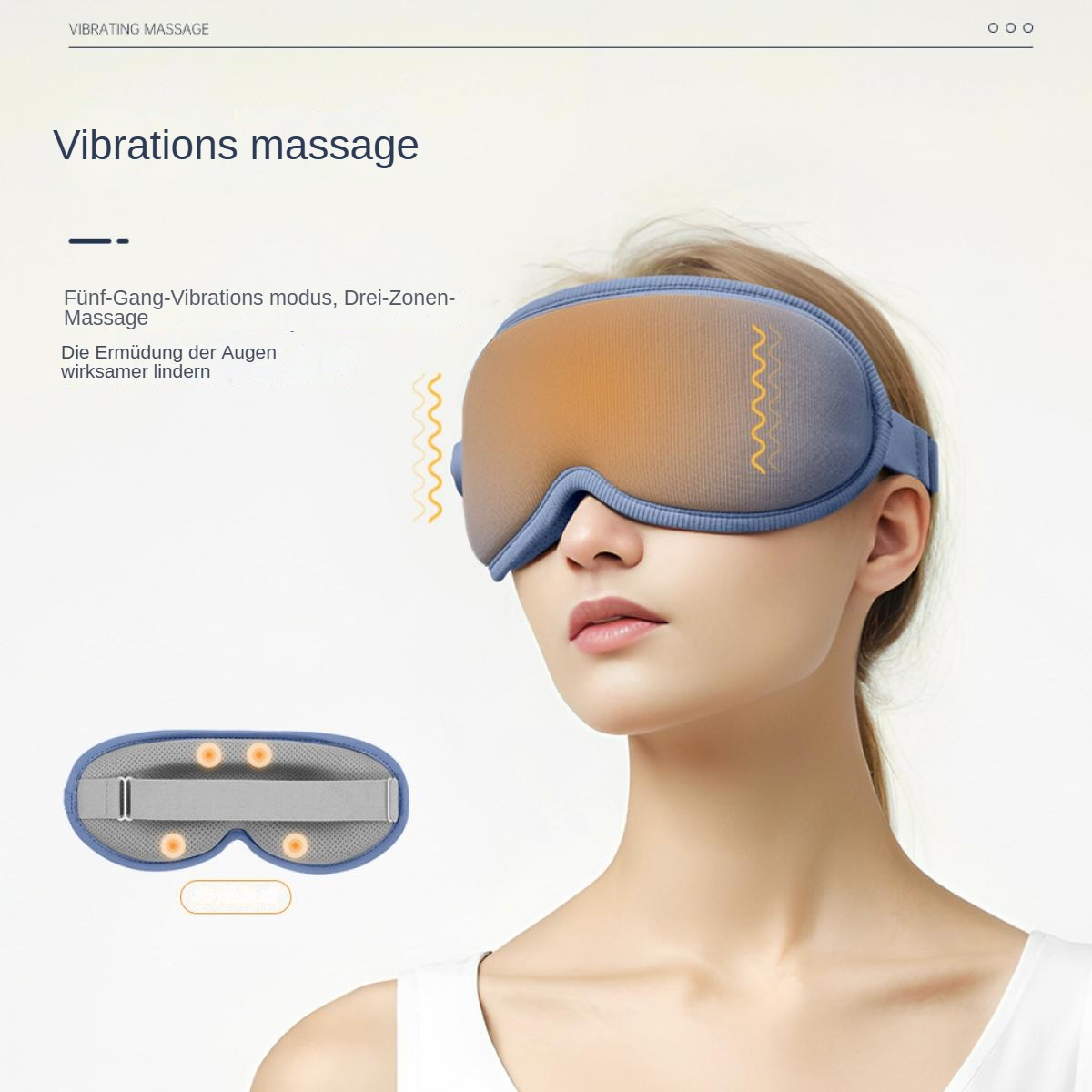 Eine Frau mit einem blauen Augenmassagegerät. Das Massagegerät bedeckt ihre Augen. Auf der linken Seite steht 'Vibrationsmassage'.