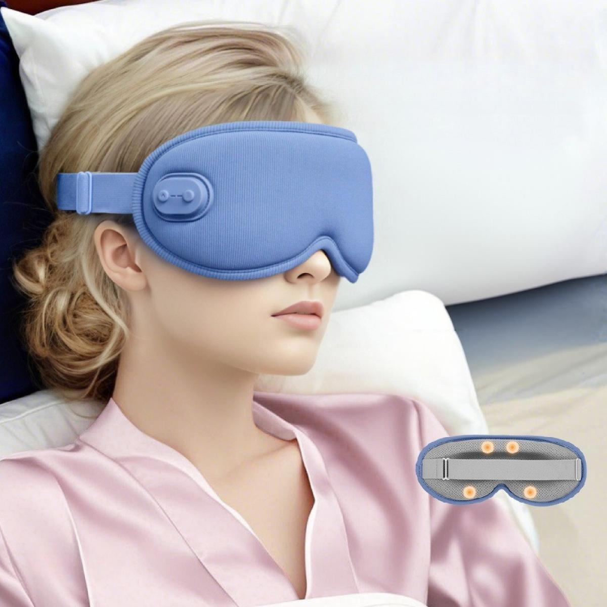 Eine Frau mit blauer Augenmaske liegt im Bett. Sie trägt einen rosa Bademantel. Ein kleines Bild der Maske ist unten zu sehen.
