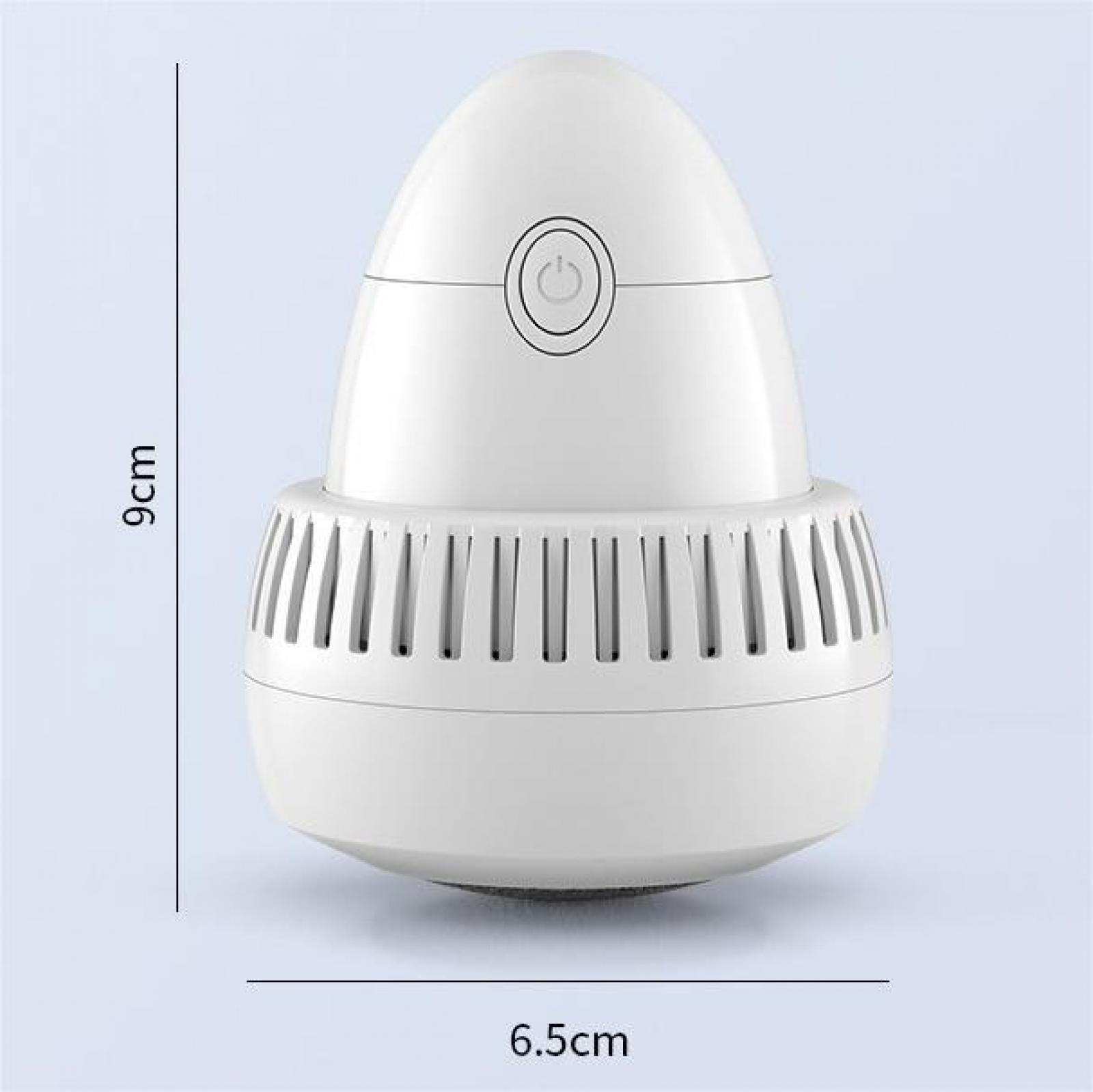 Eine weiße elektrische Fußfeile, Abmessungen sind angegeben. Hat einen Power-Knopf und Belüftung. 9 cm hoch, 6,5 cm breit.