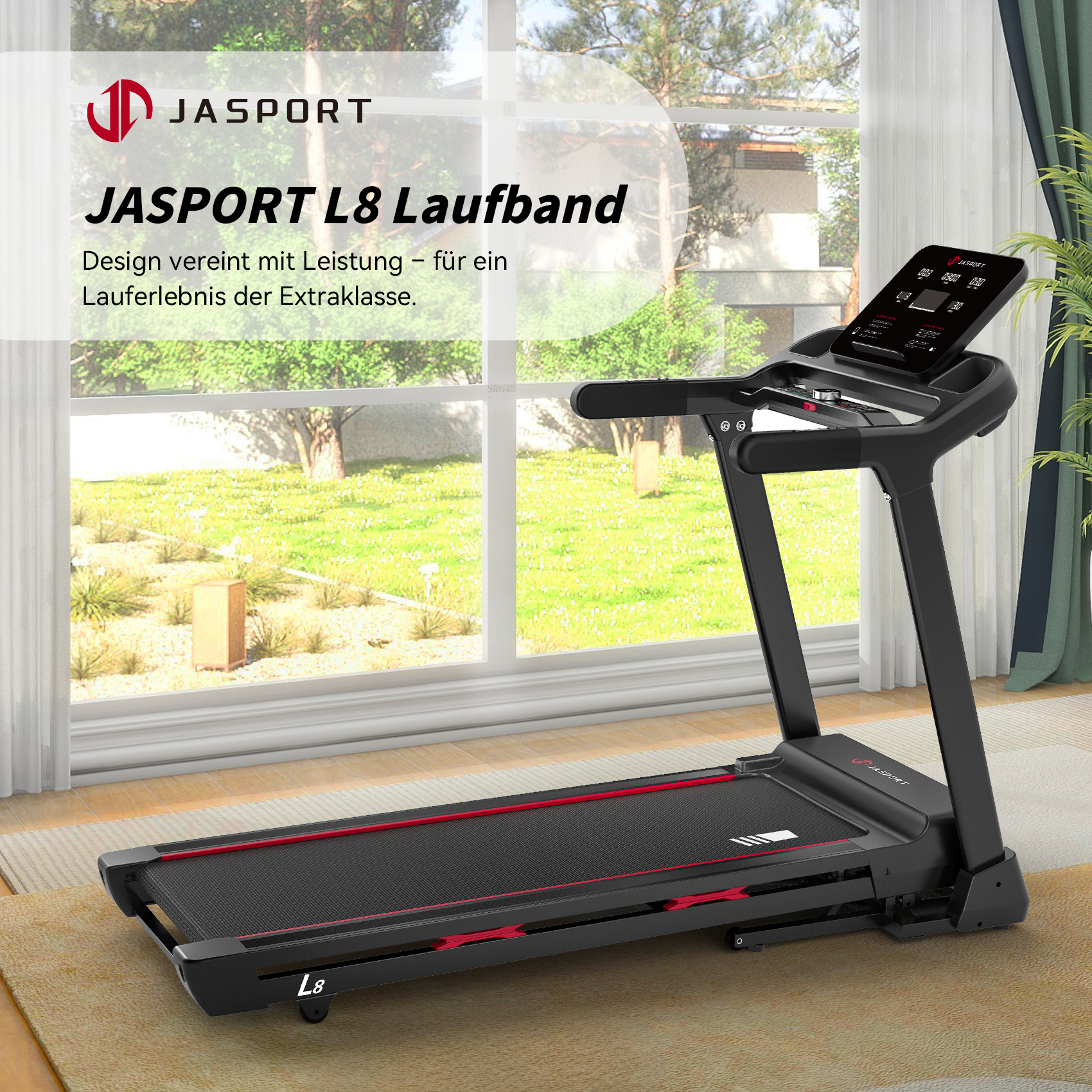 Ein schwarzes Jasport L8 Laufband in einem Raum mit Fenster. Das Laufband hat eine rote Linie an den Seiten.