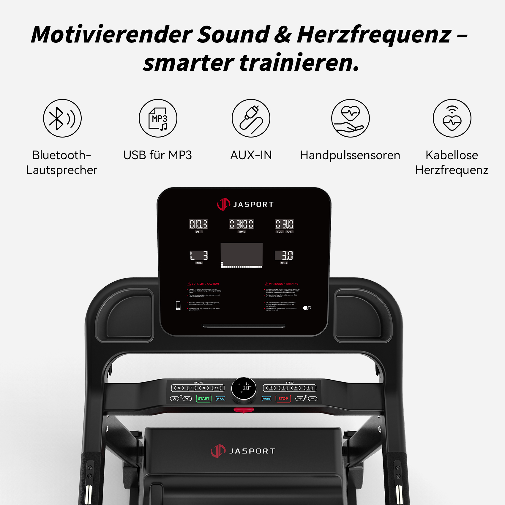 Ein Laufband mit Digitalanzeige, die Zeit und Geschwindigkeit anzeigt. Oben befinden sich Symbole: Bluetooth, USB, AUX, Herzfrequenz.