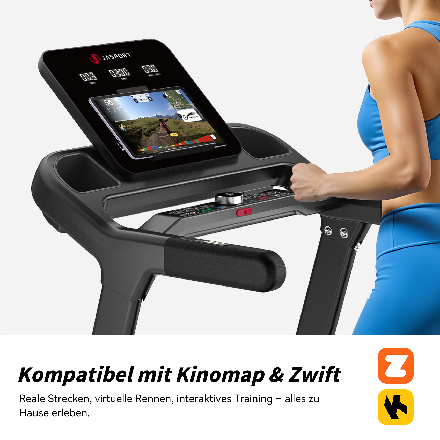 Frau auf Laufband, Bildschirm zeigt Laufstrecke. Laufband schwarz mit Digitalanzeige. Die Frau trägt blaue Sportkleidung.