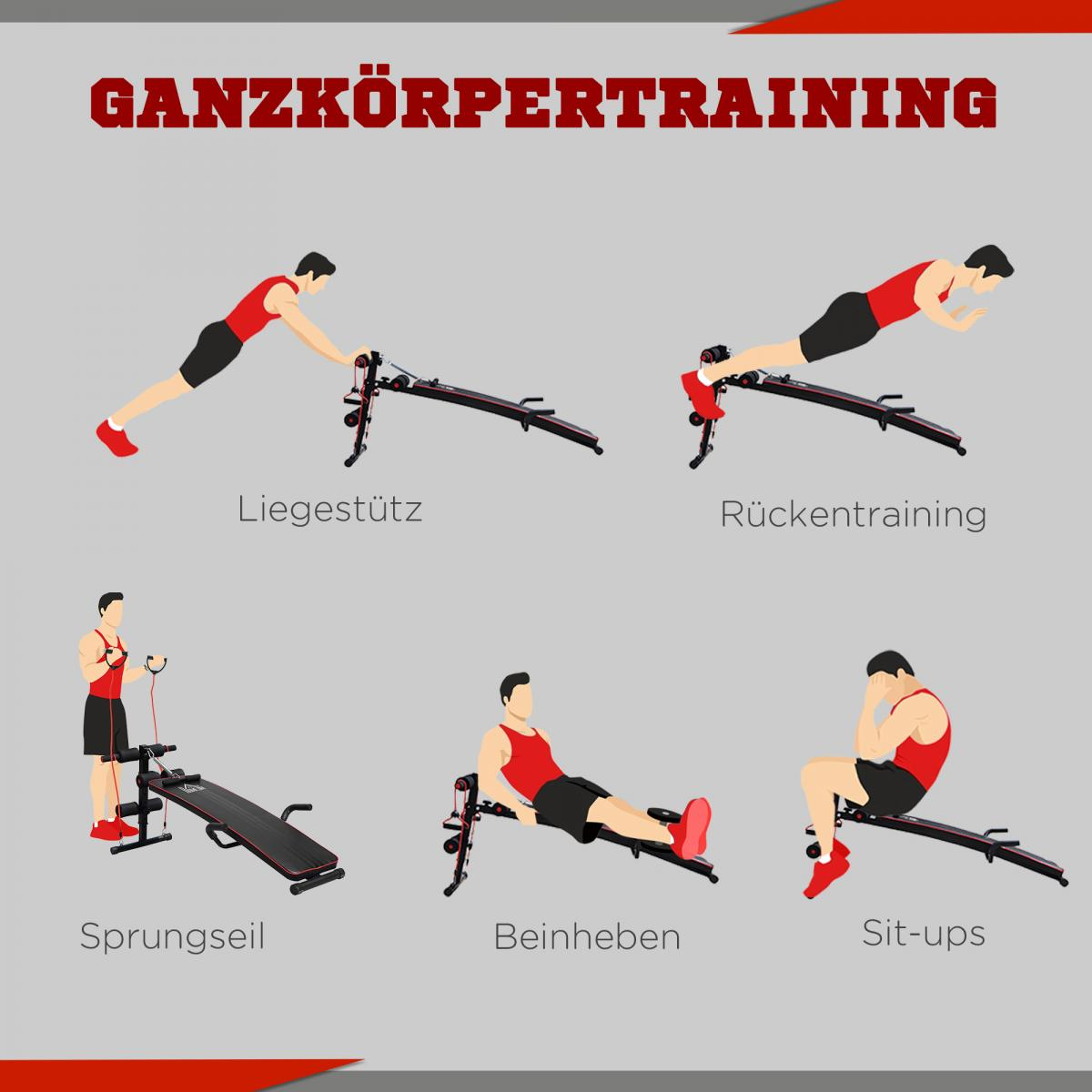 Das Bild zeigt verschiedene Übungen mit einer Bank. Männer in roten Hemden und schwarzen Shorts demonstrieren Übungen wie Liegestütze und Sit-ups.